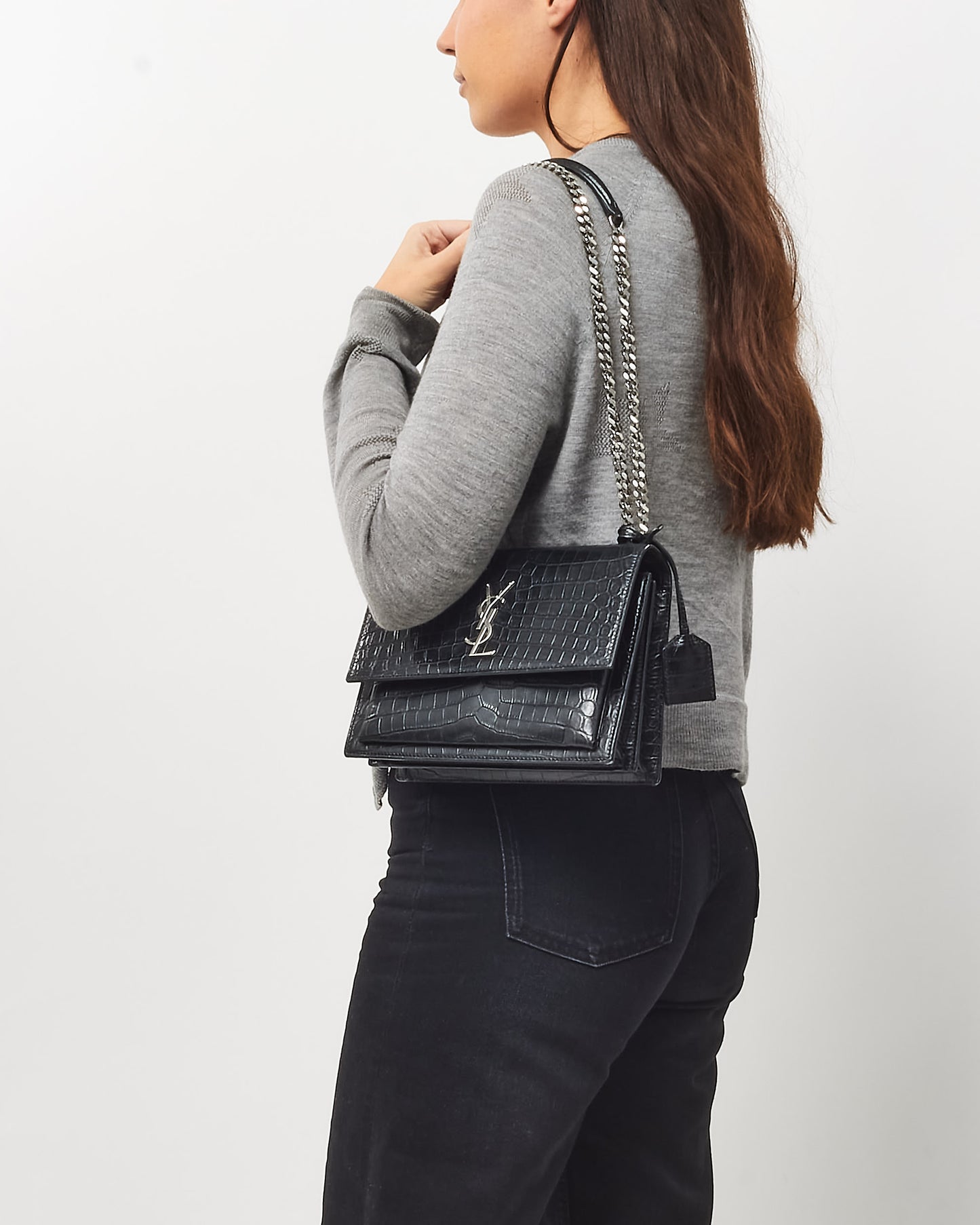 Saint Laurent Black Patent Croc Embossed Leather Medium Sunset Bag