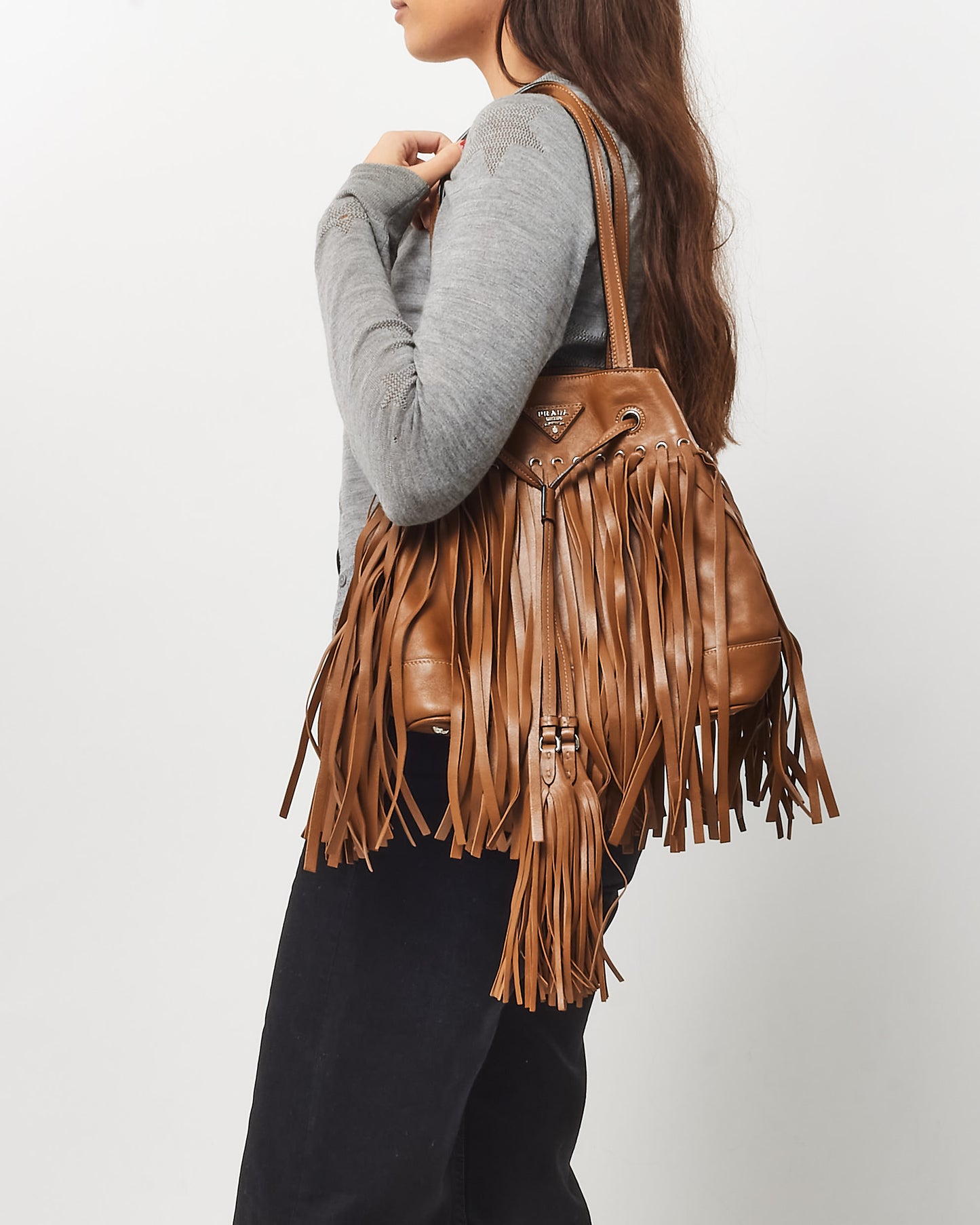 Prada Tan Soft Calf Leather Fringe Bucket Bag