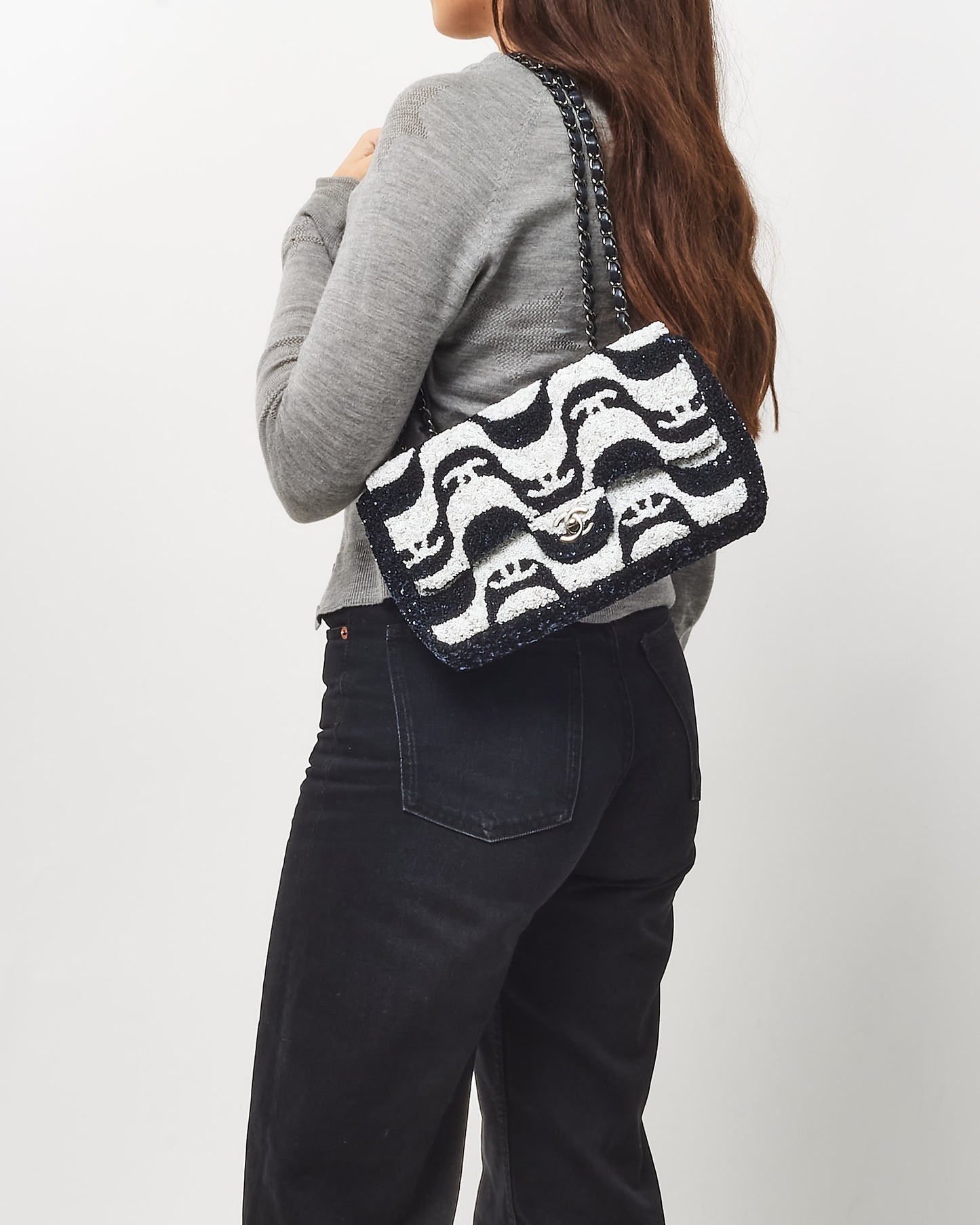 Chanel Navy and White Sequin Graffiti Logo Medium Classic Single Flap w/ Ruthenium Hardware