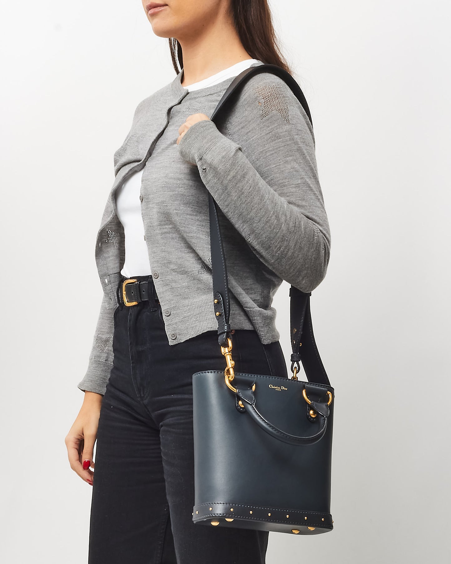 Dior Navy Leather Small Studded Dioravenue Bucket Bag w/ Strap