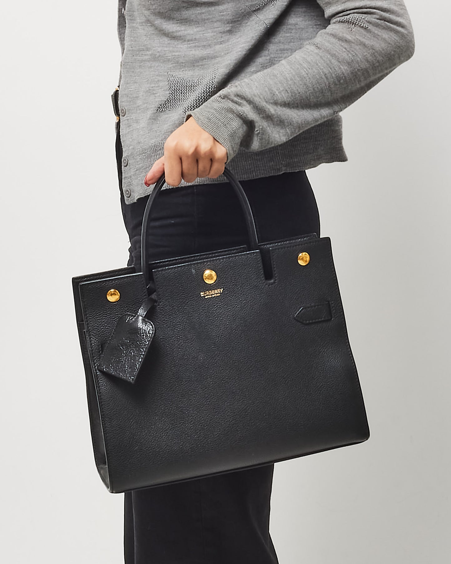 Burberry Black Leather Small Title Tote Bag w/ Strap