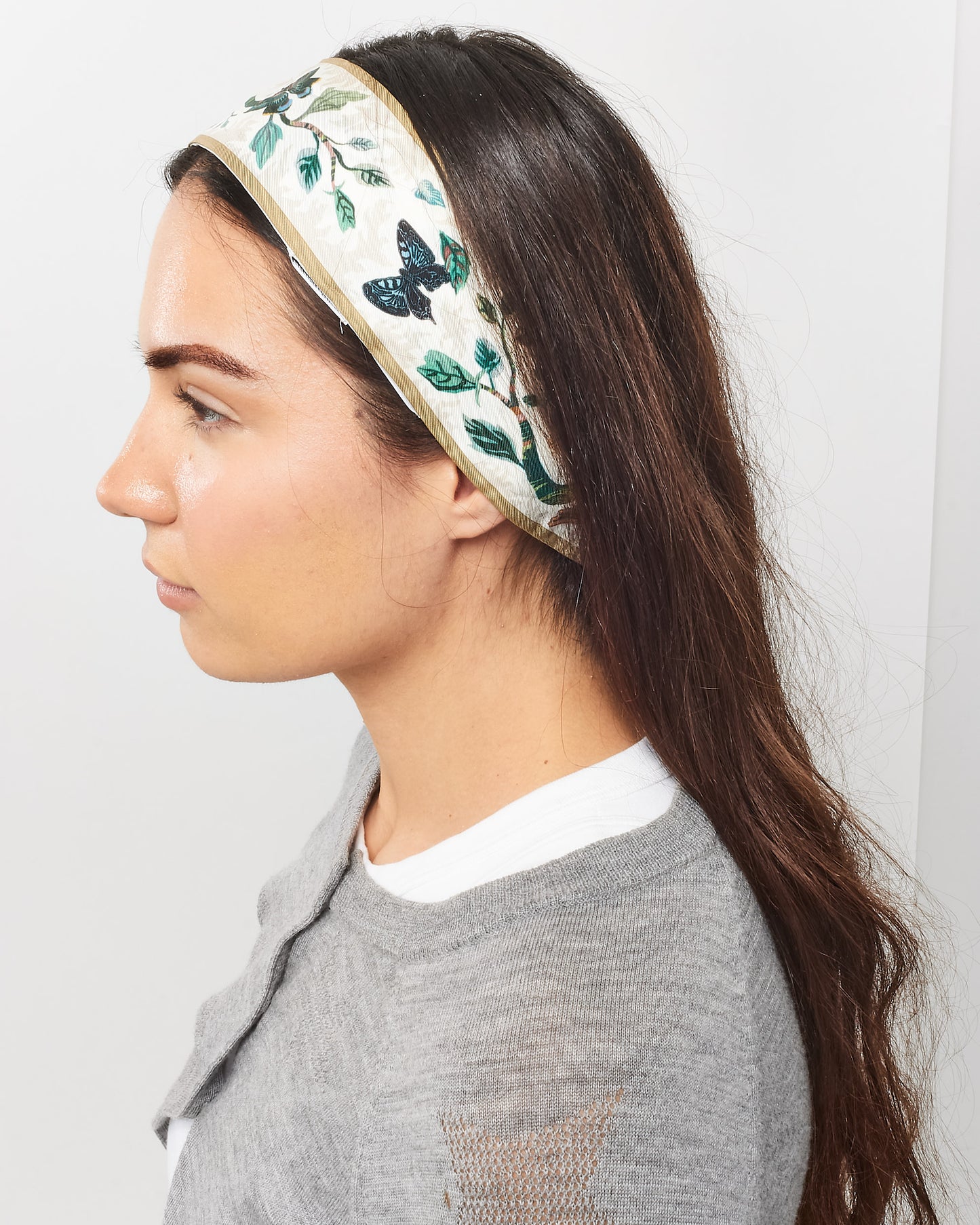 Dior Cream and Beige Botanical Flower and Butterfly Mitzah Scarf