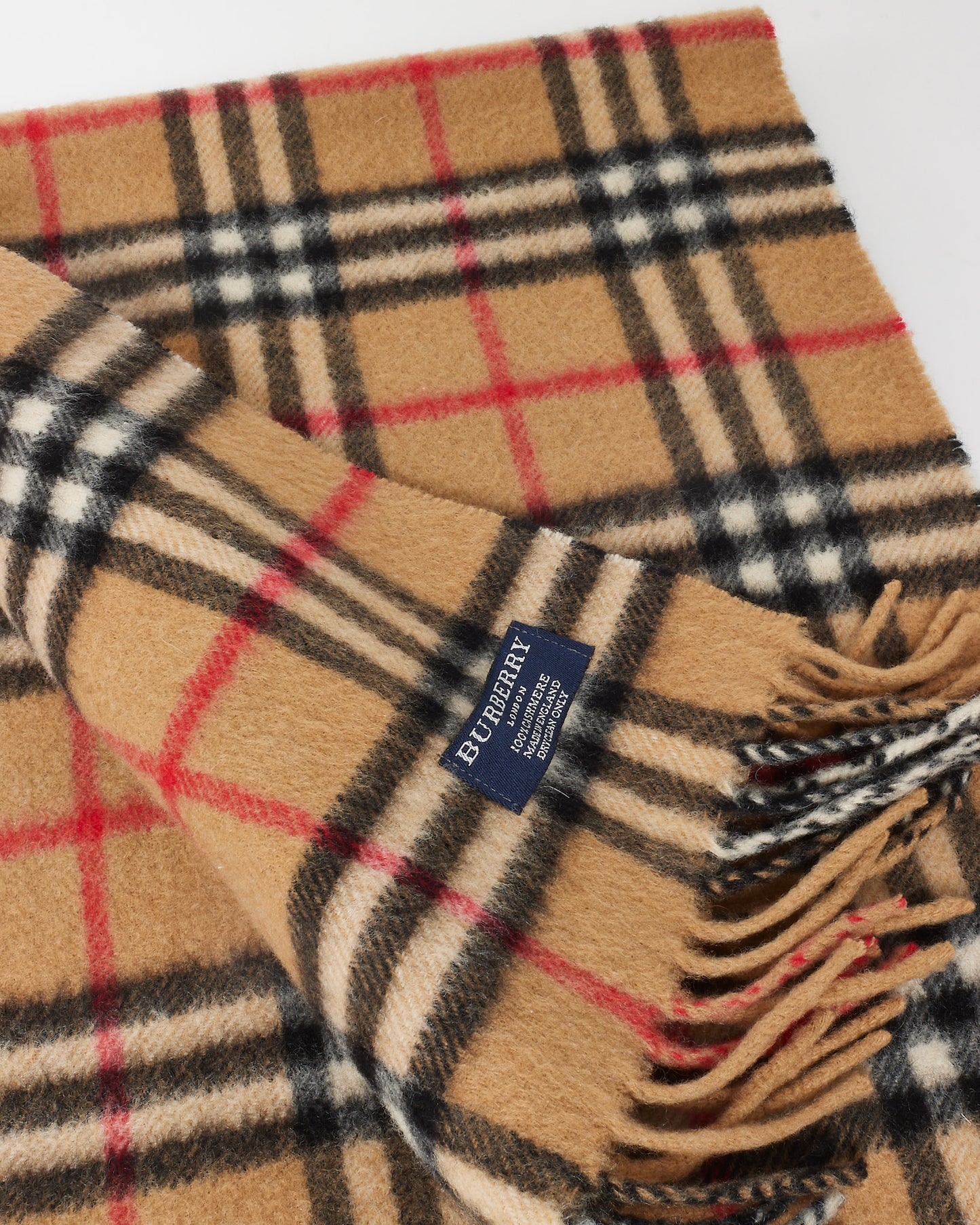 Burberry Beige Vintage Check Cashmere Fringe Scarf