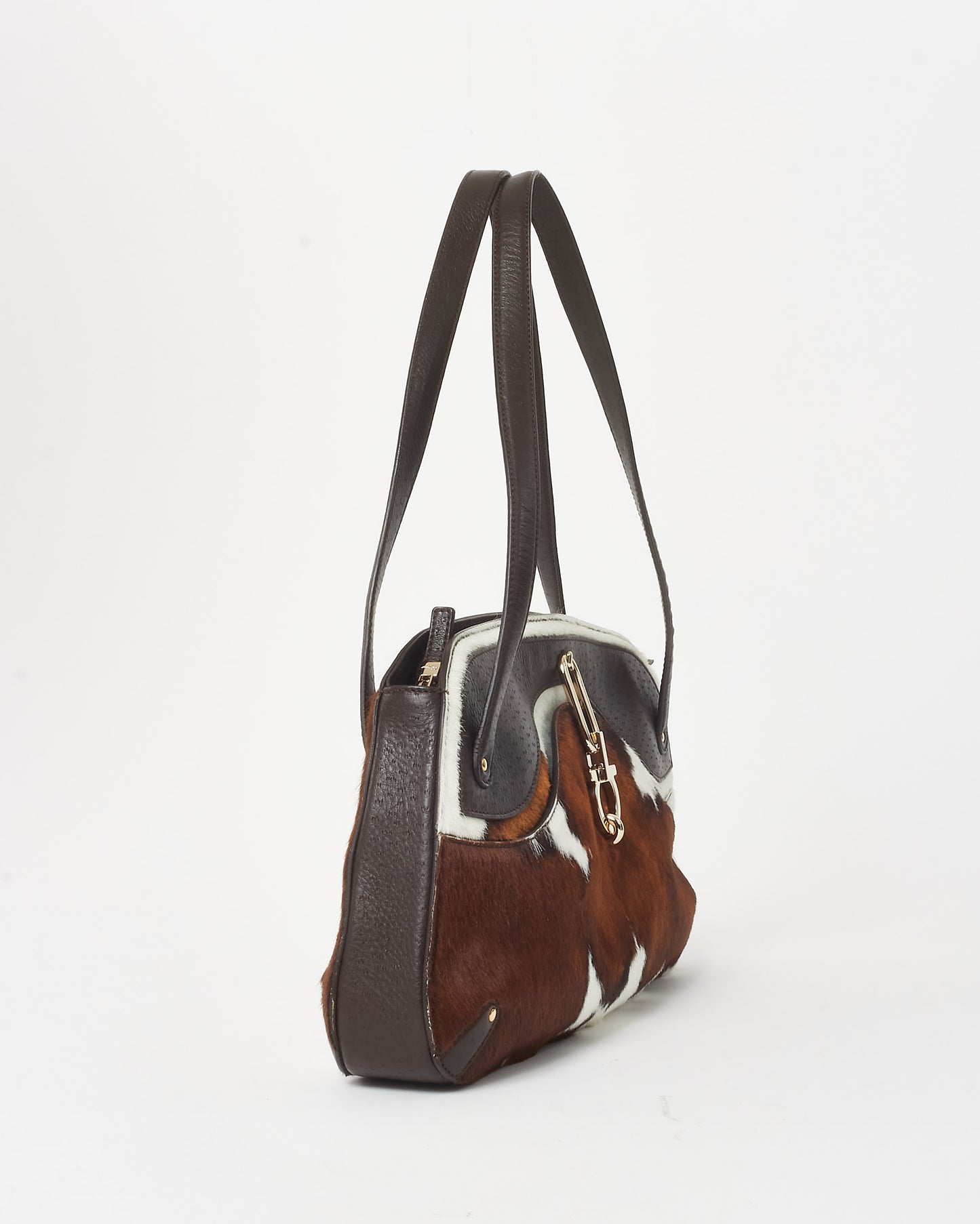 Salvatore Ferragamo Brown Cow Print Pony Hair Shoulder Bag