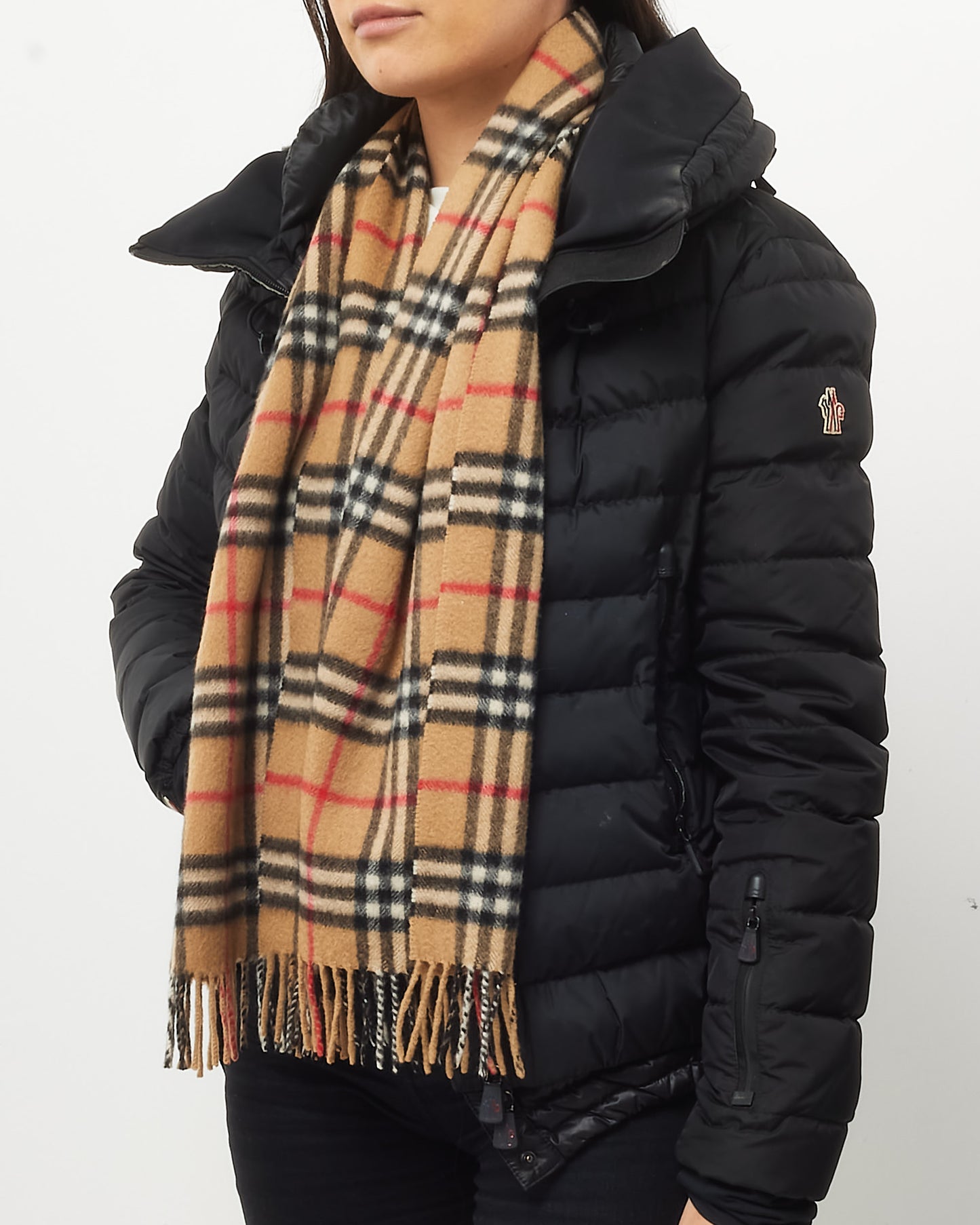 Burberry Beige Vintage Check Cashmere Fringe Scarf