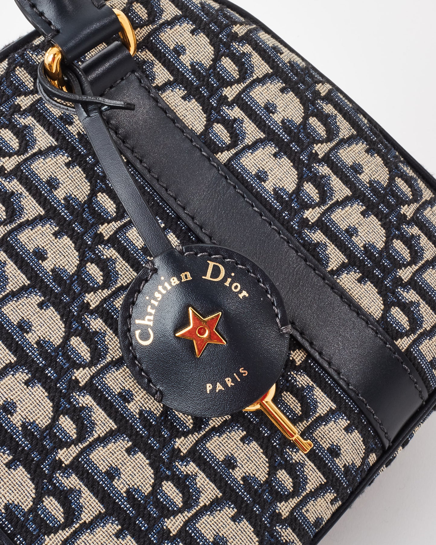 Dior Navy Oblique Monogram Jacquard Canvas Medium D-Vibe Bowling Bag w/ Strap