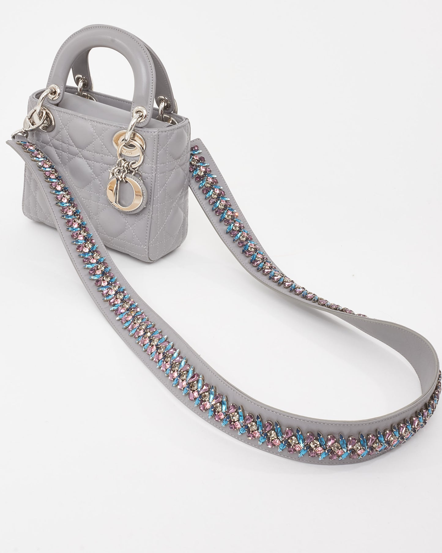 Dior Grey Lambskin Cannage Leather Mini Lady Dior Bag SHW w/ Crystal Jewel Strap
