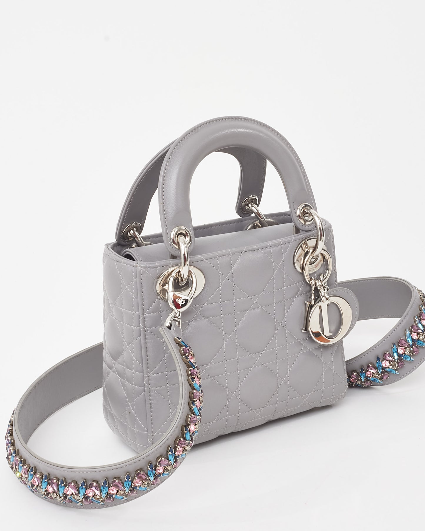 Dior Grey Lambskin Cannage Leather Mini Lady Dior Bag SHW w/ Crystal Jewel Strap