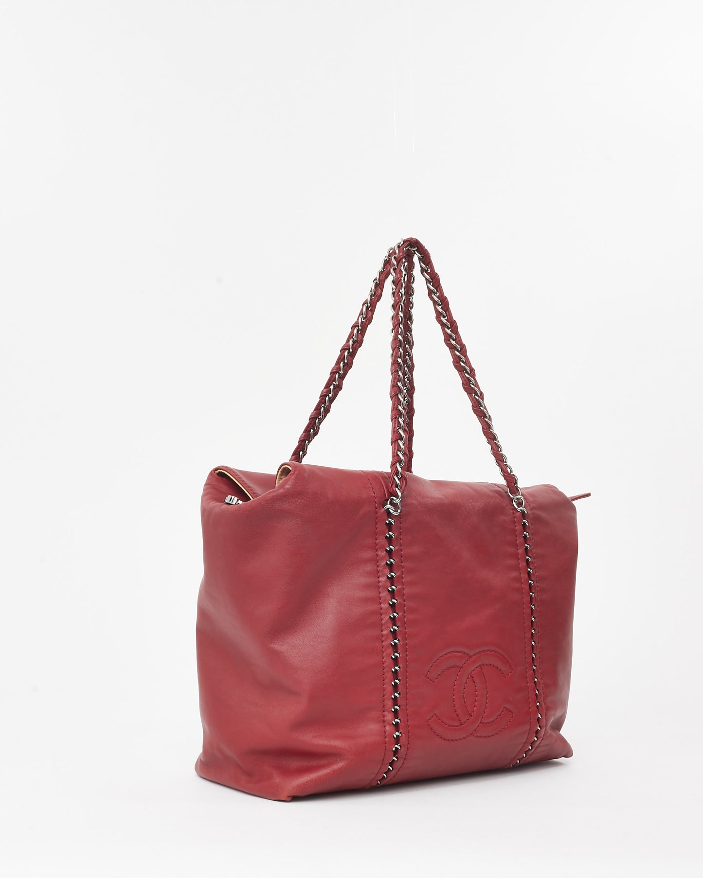 Chanel Red Smooth Calfskin Leather CC Logo Luxe Ligne Large Tote Bag