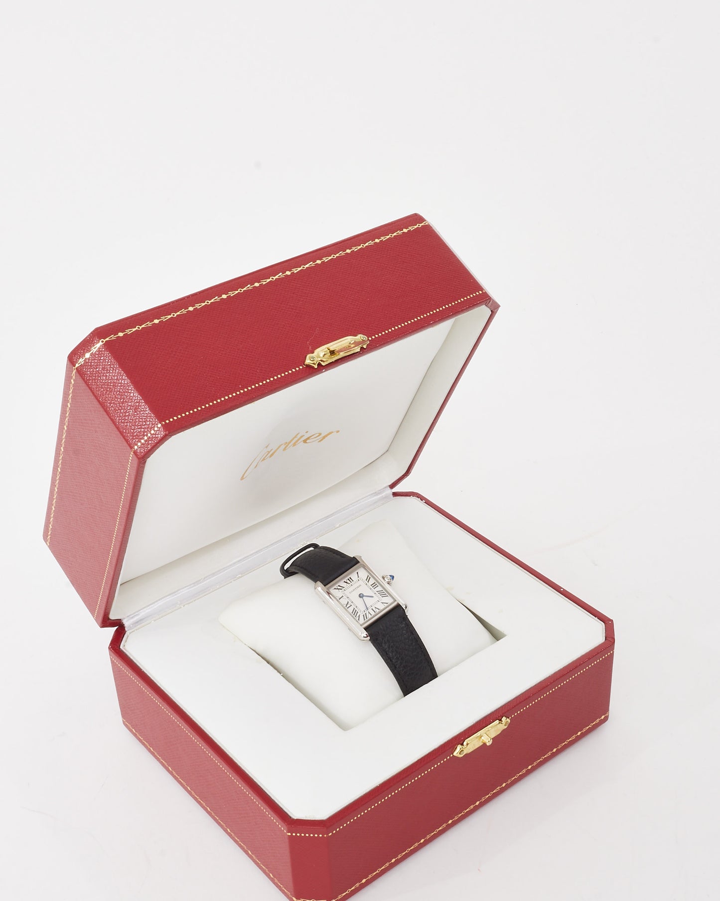 Cartier Silver Steel & Black Leather Small Model Tank Must De Cartier Watch