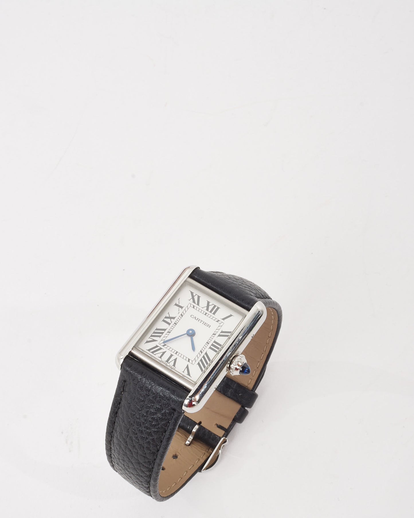 Cartier Silver Steel & Black Leather Small Model Tank Must De Cartier Watch