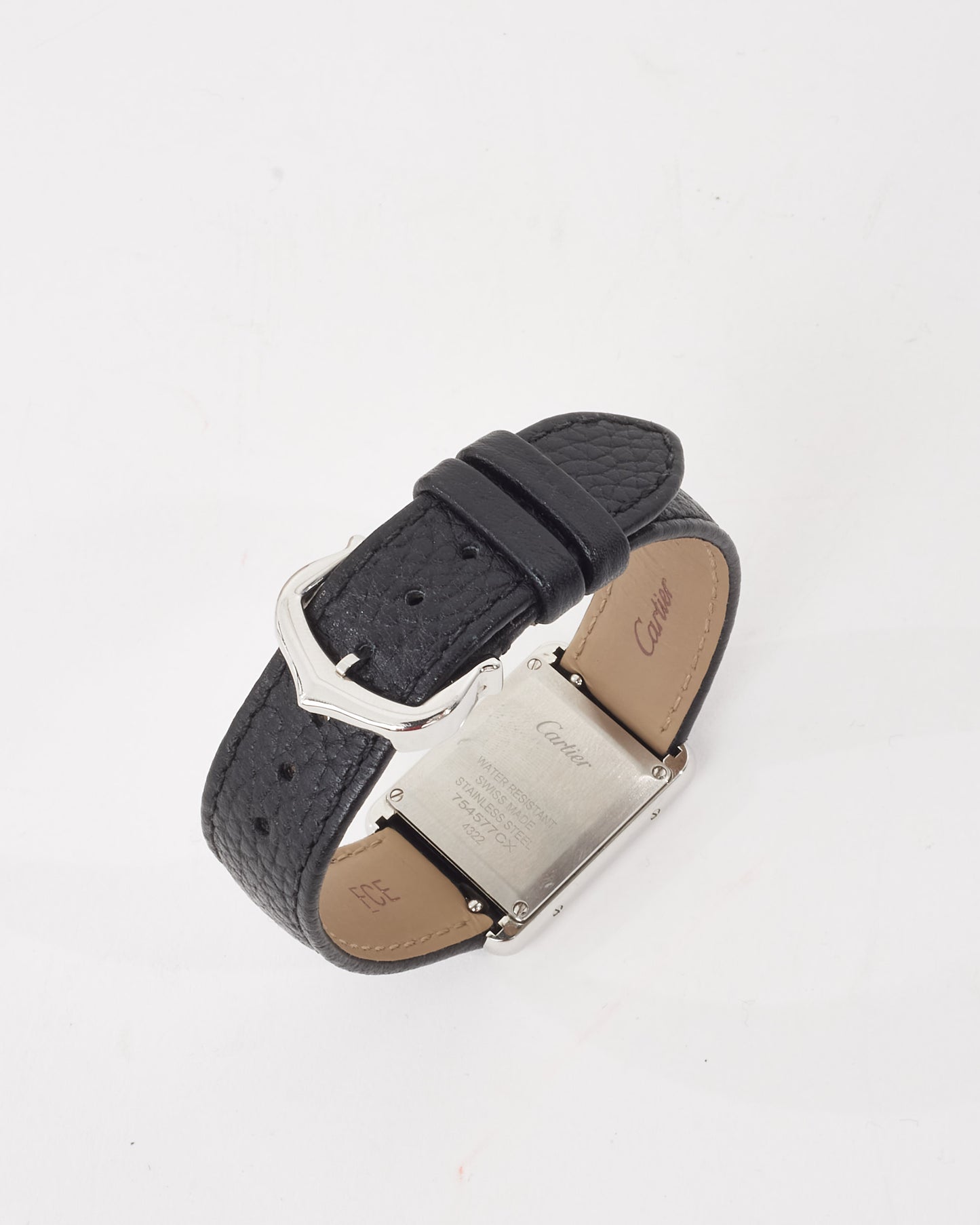 Cartier Silver Steel & Black Leather Small Model Tank Must De Cartier Watch