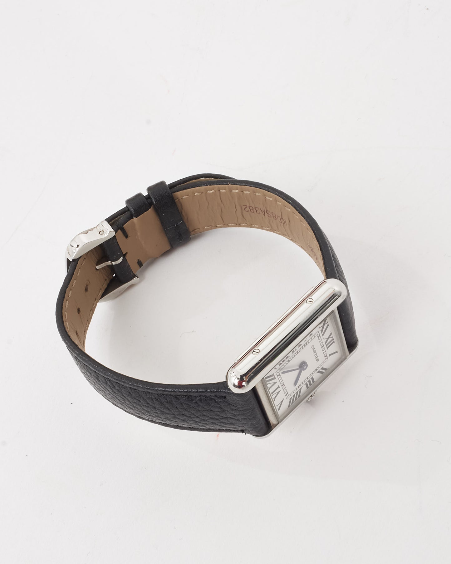 Cartier Silver Steel & Black Leather Small Model Tank Must De Cartier Watch