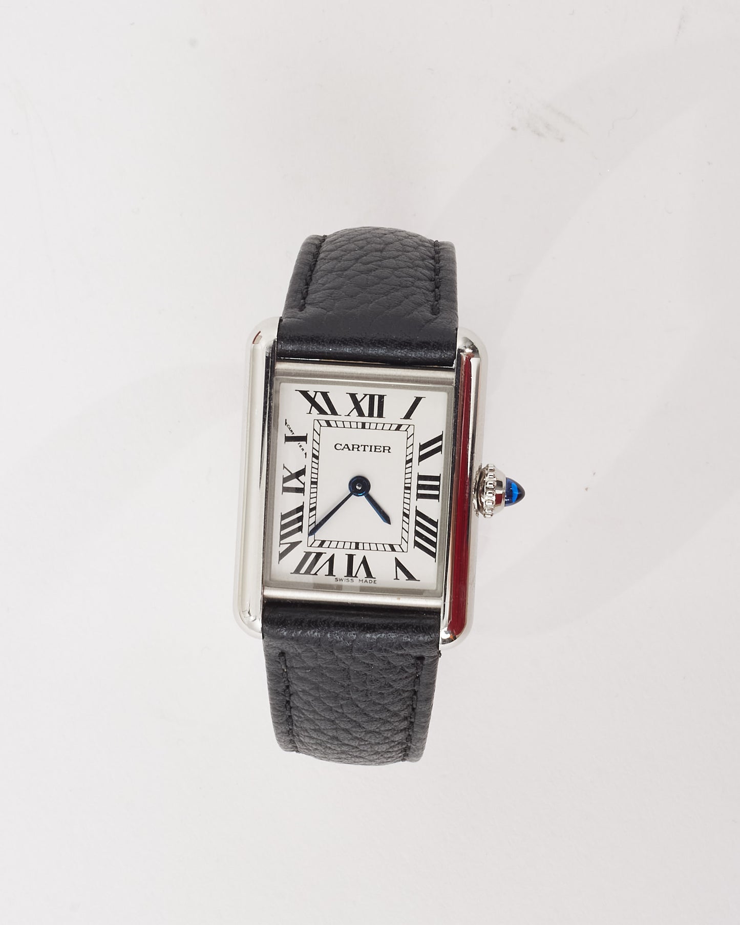 Cartier Silver Steel & Black Leather Small Model Tank Must De Cartier Watch