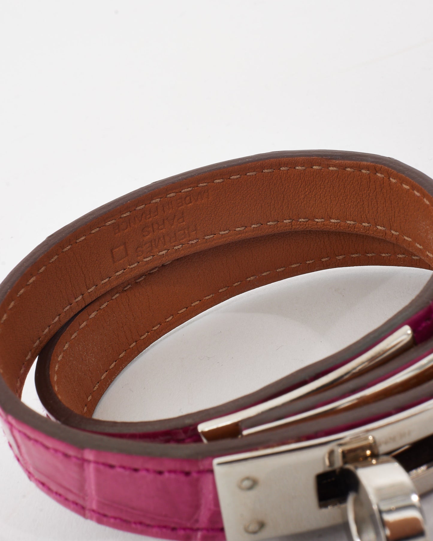Hermès Pink Croc Leather Kelly Double Tour Bracelet - S