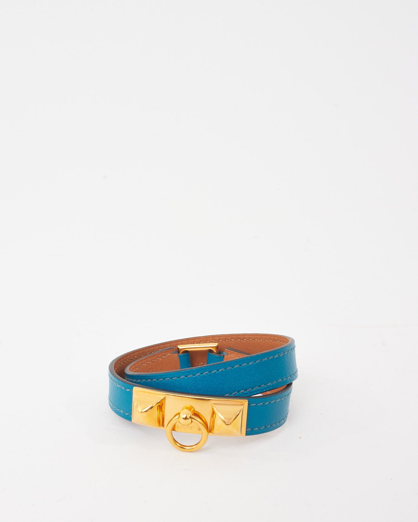 Hermès Blue Swift Leather Rivale Double Tour Bracelet GHW - S