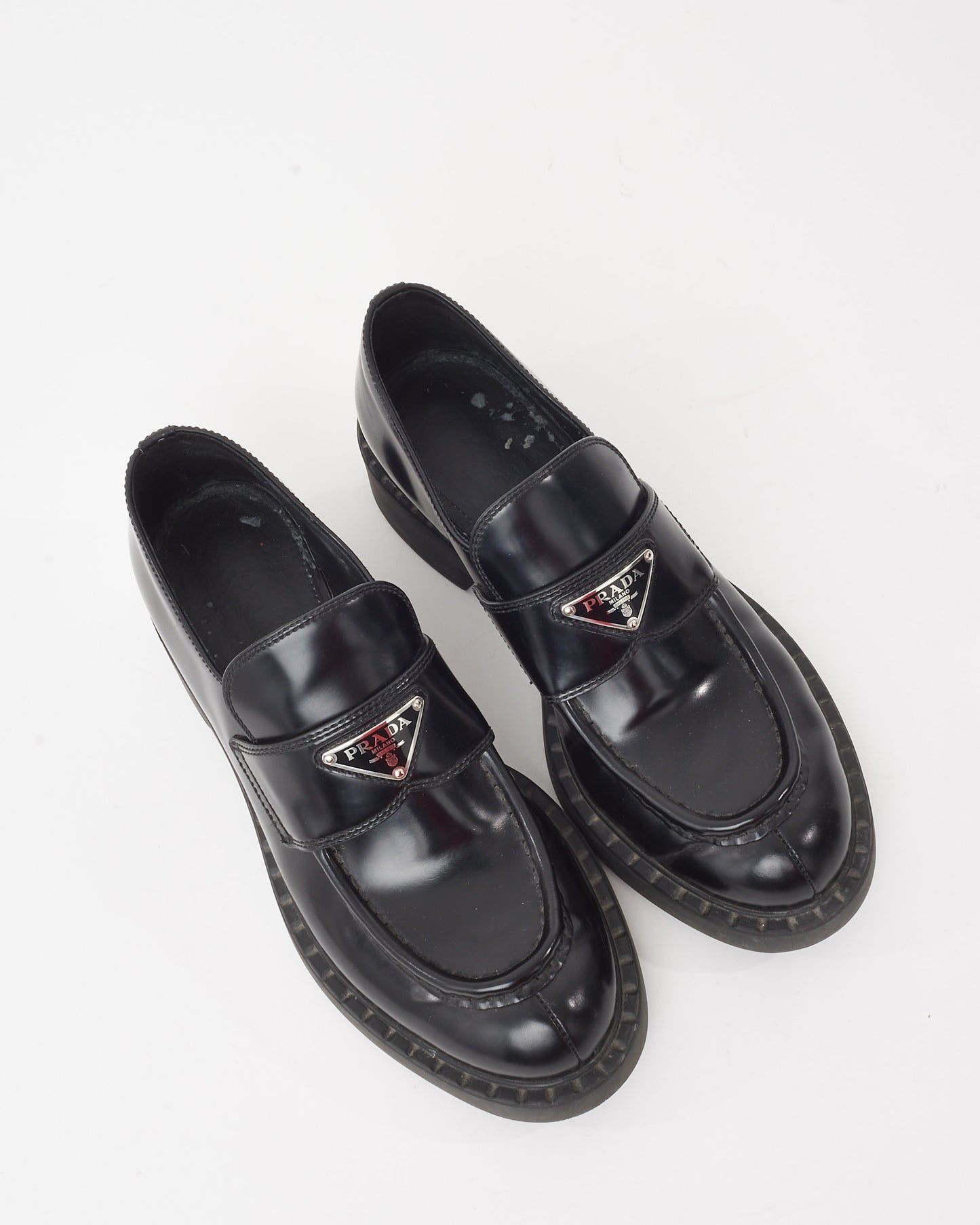 Prada Black Brushed Leather Chocolate Logo Loafers - 38.5