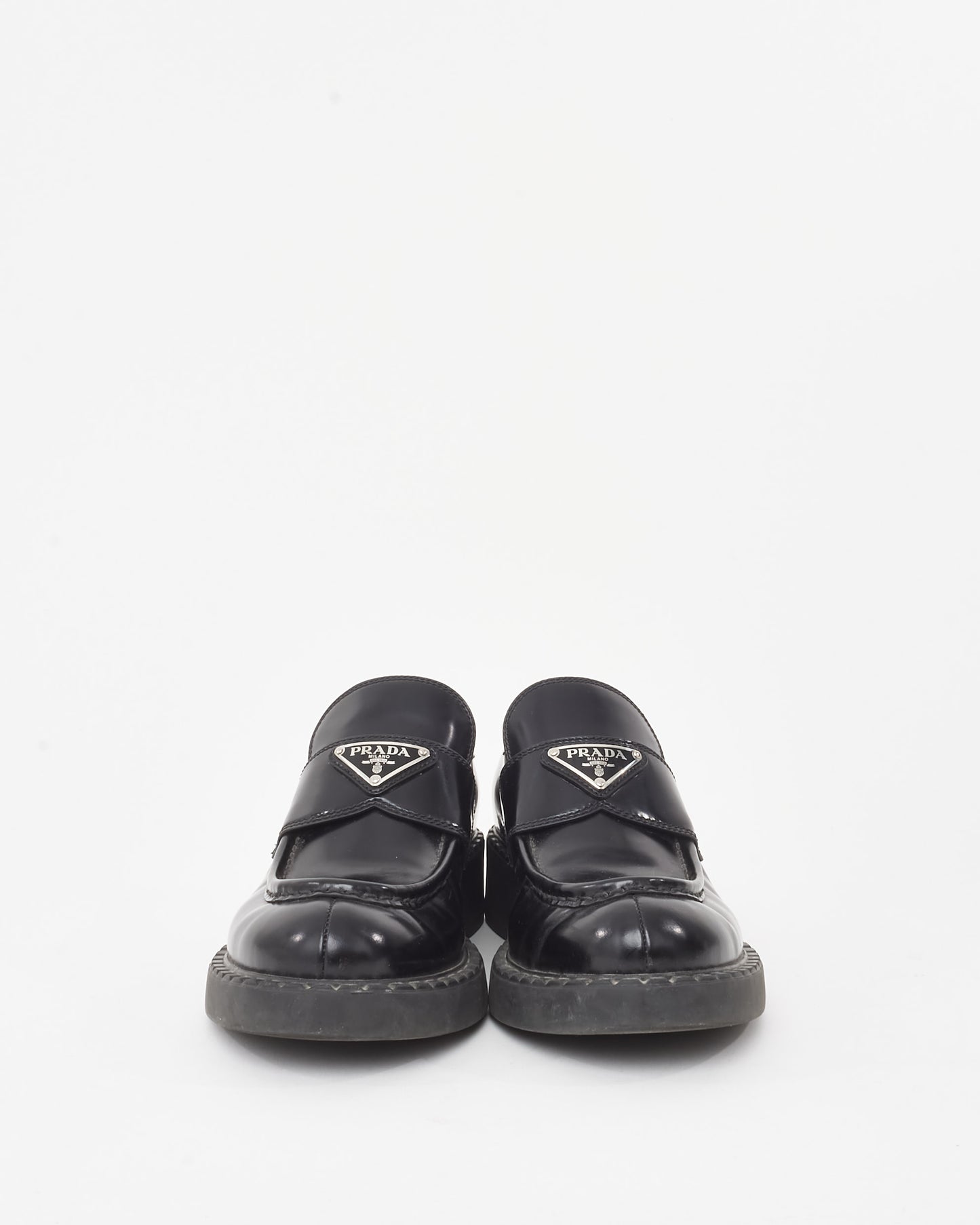 Prada Black Brushed Leather Chocolate Logo Loafers - 38.5