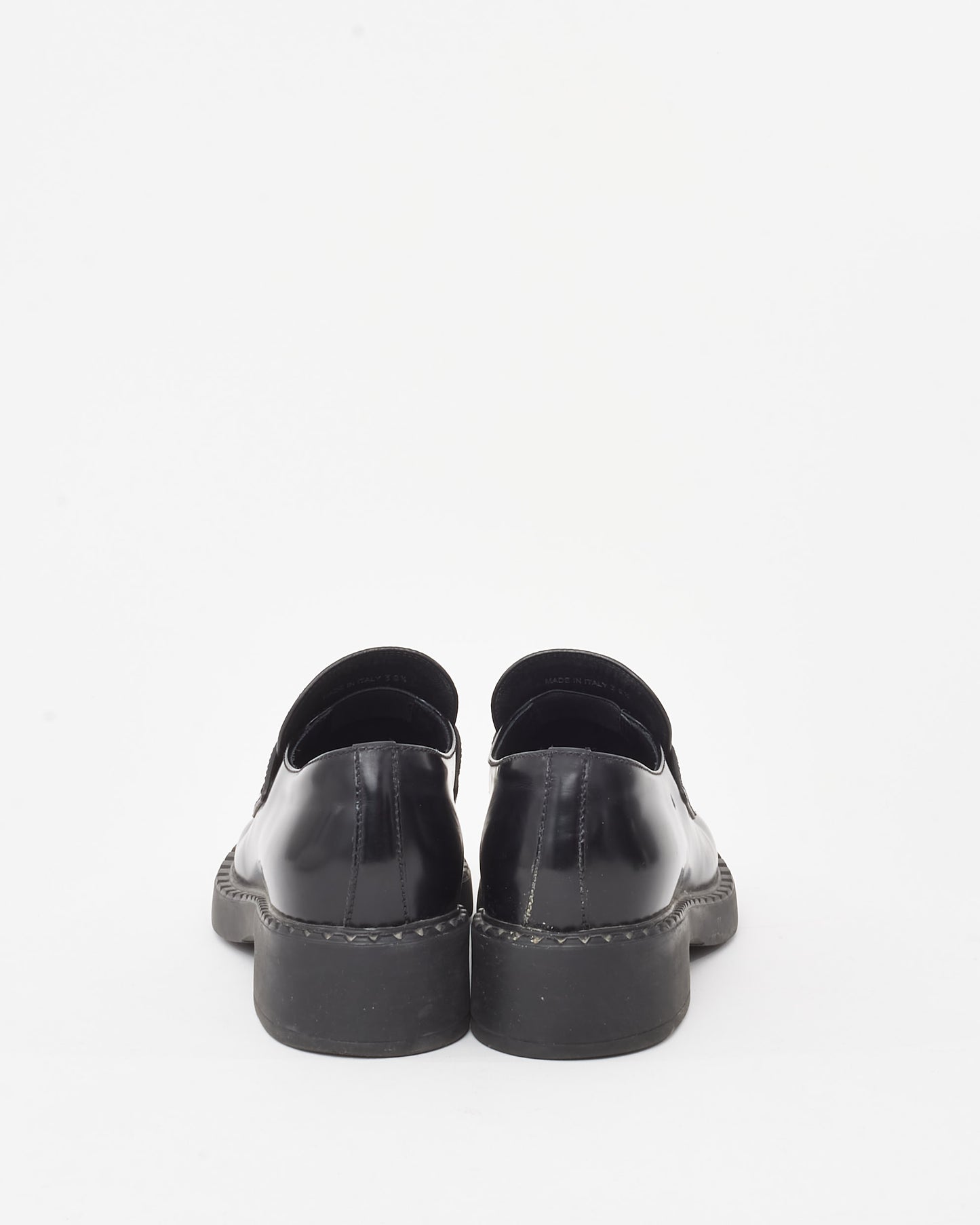 Prada Black Brushed Leather Chocolate Logo Loafers - 38.5