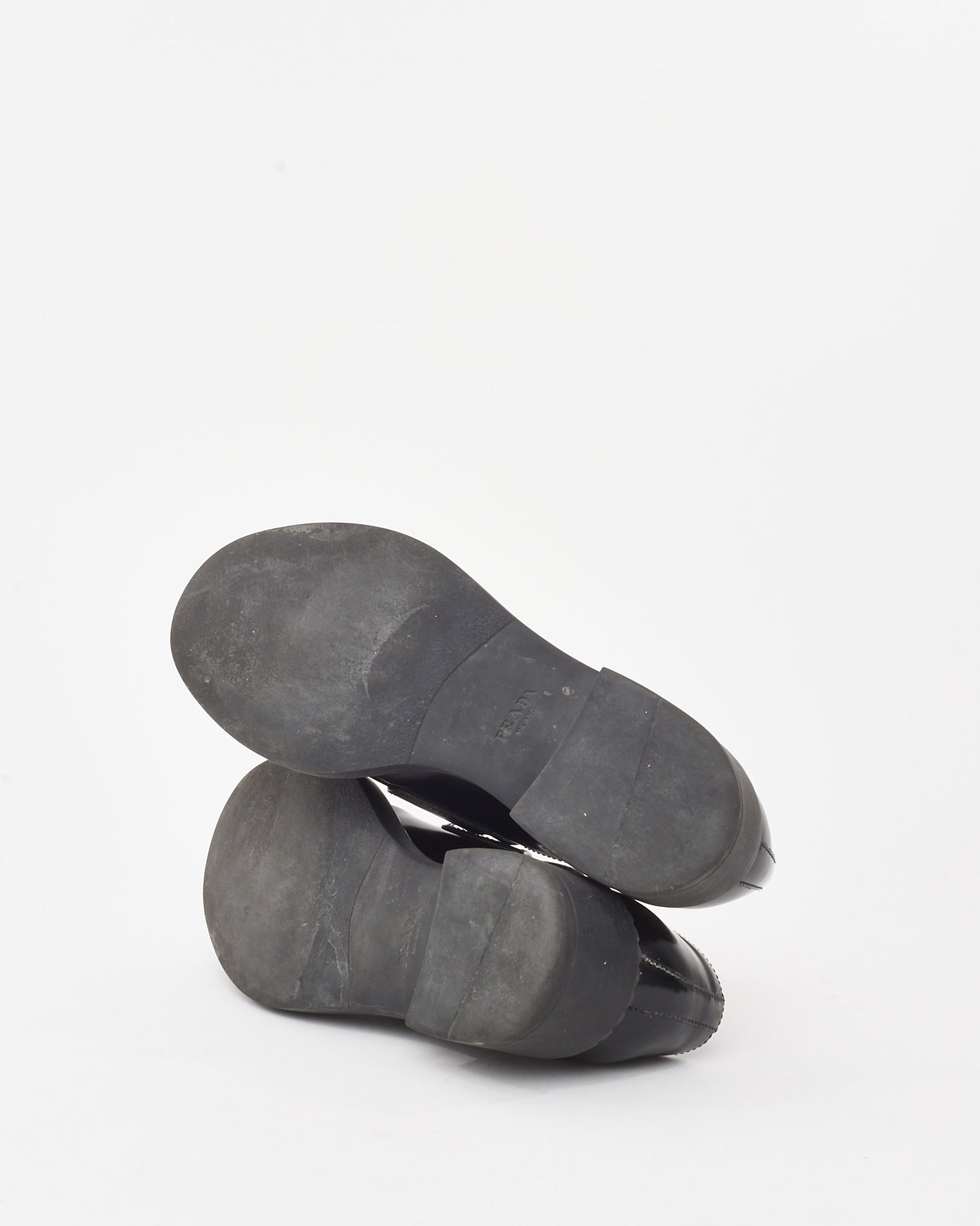 Prada Black Brushed Leather Chocolate Logo Loafers - 38.5