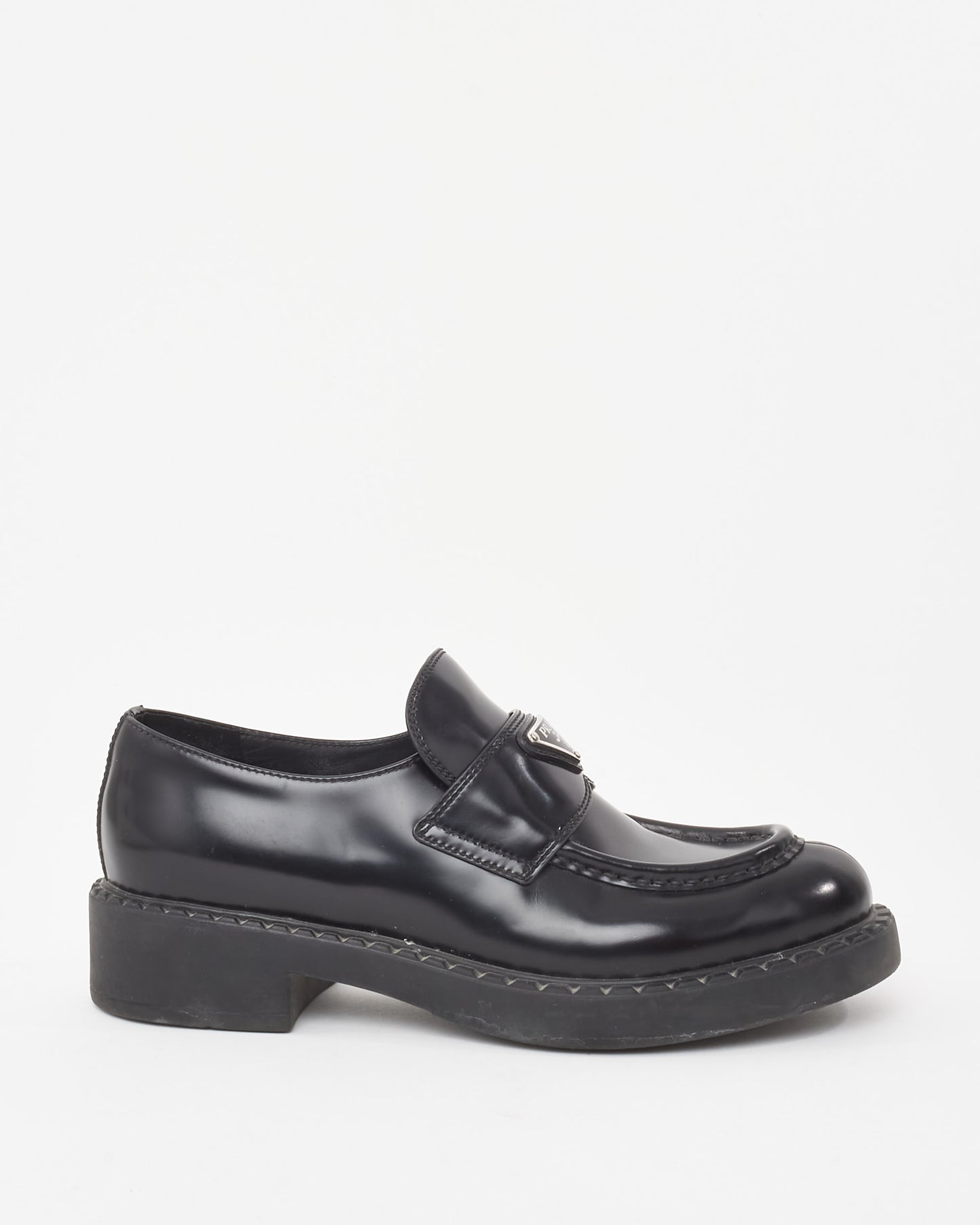 Prada Black Brushed Leather Chocolate Logo Loafers - 38.5