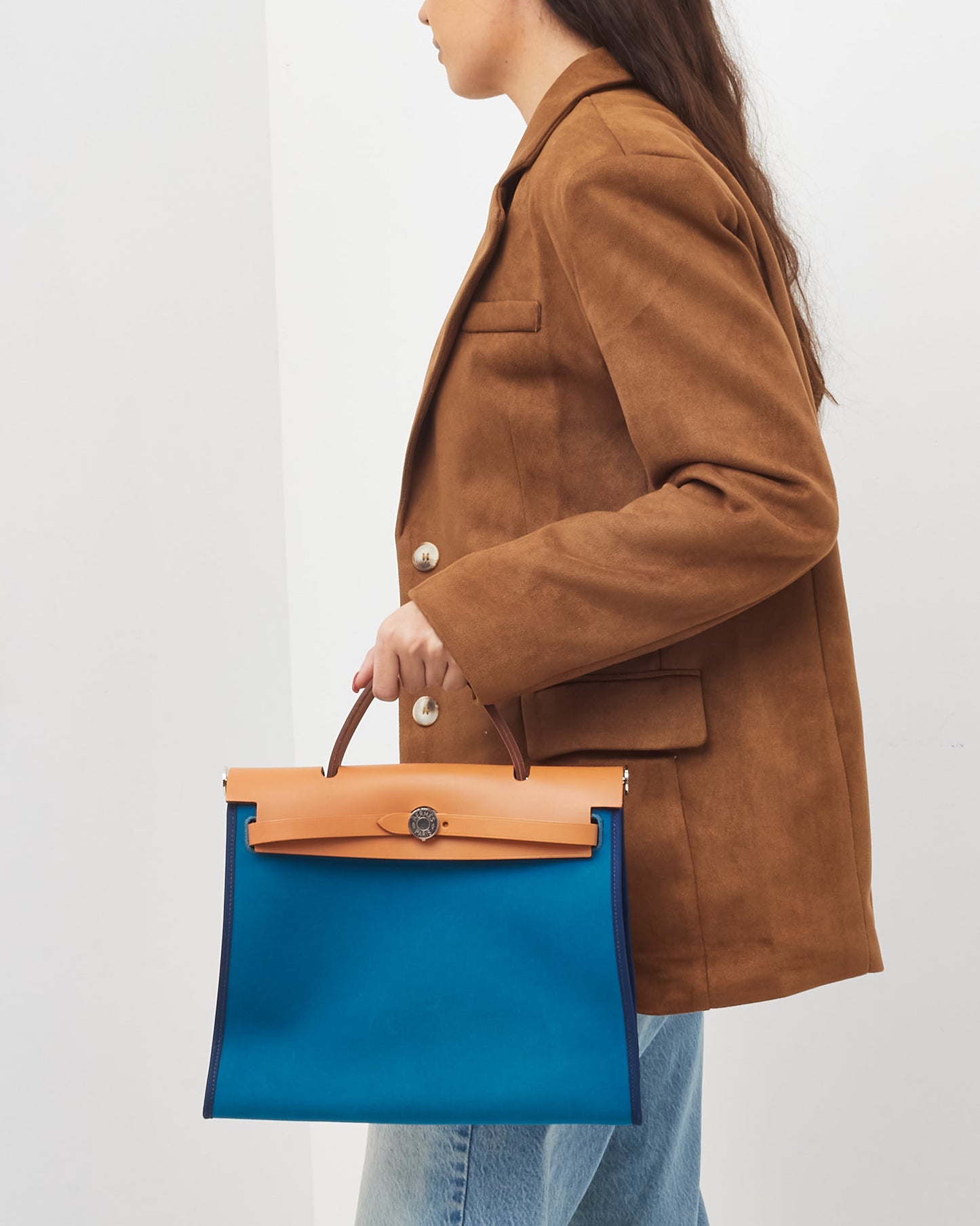Hermès Blue Toile Canvas & Tan Leather Herbag Zip 31 PHW