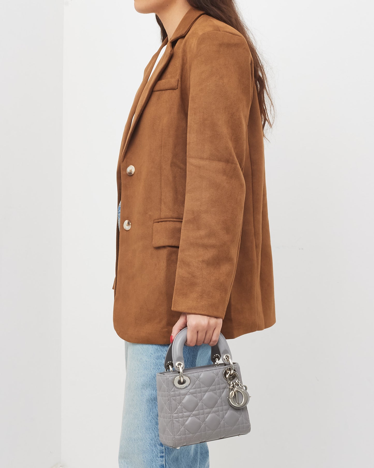 Dior Grey Lambskin Cannage Leather Mini Lady Dior Bag SHW w/ Crystal Jewel Strap