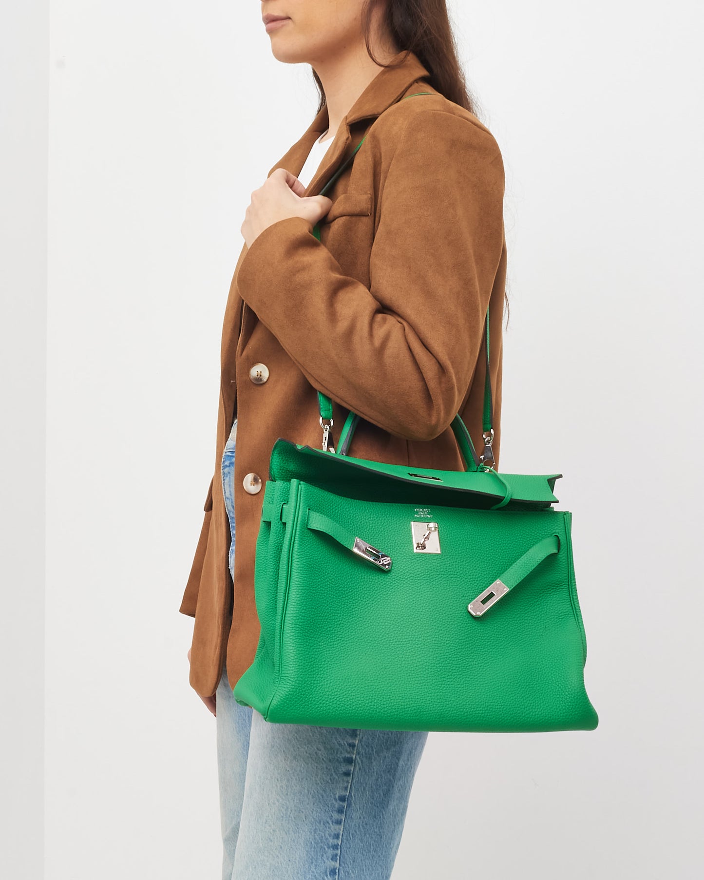 Hermès Green Bamboo Clemence Leather Kelly Retourne 32 Handbag PHW