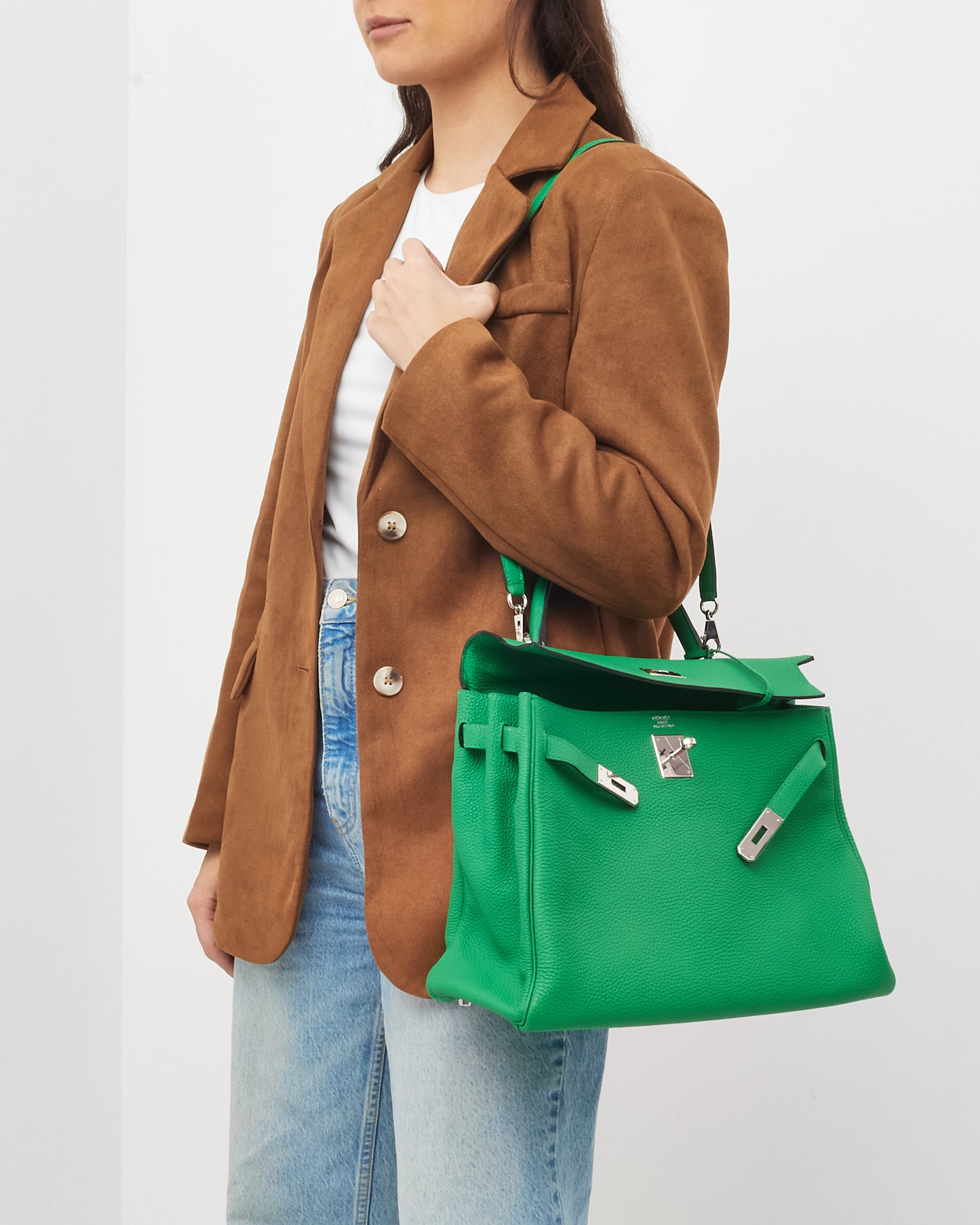 Hermès Green Bamboo Clemence Leather Kelly Retourne 32 Handbag PHW