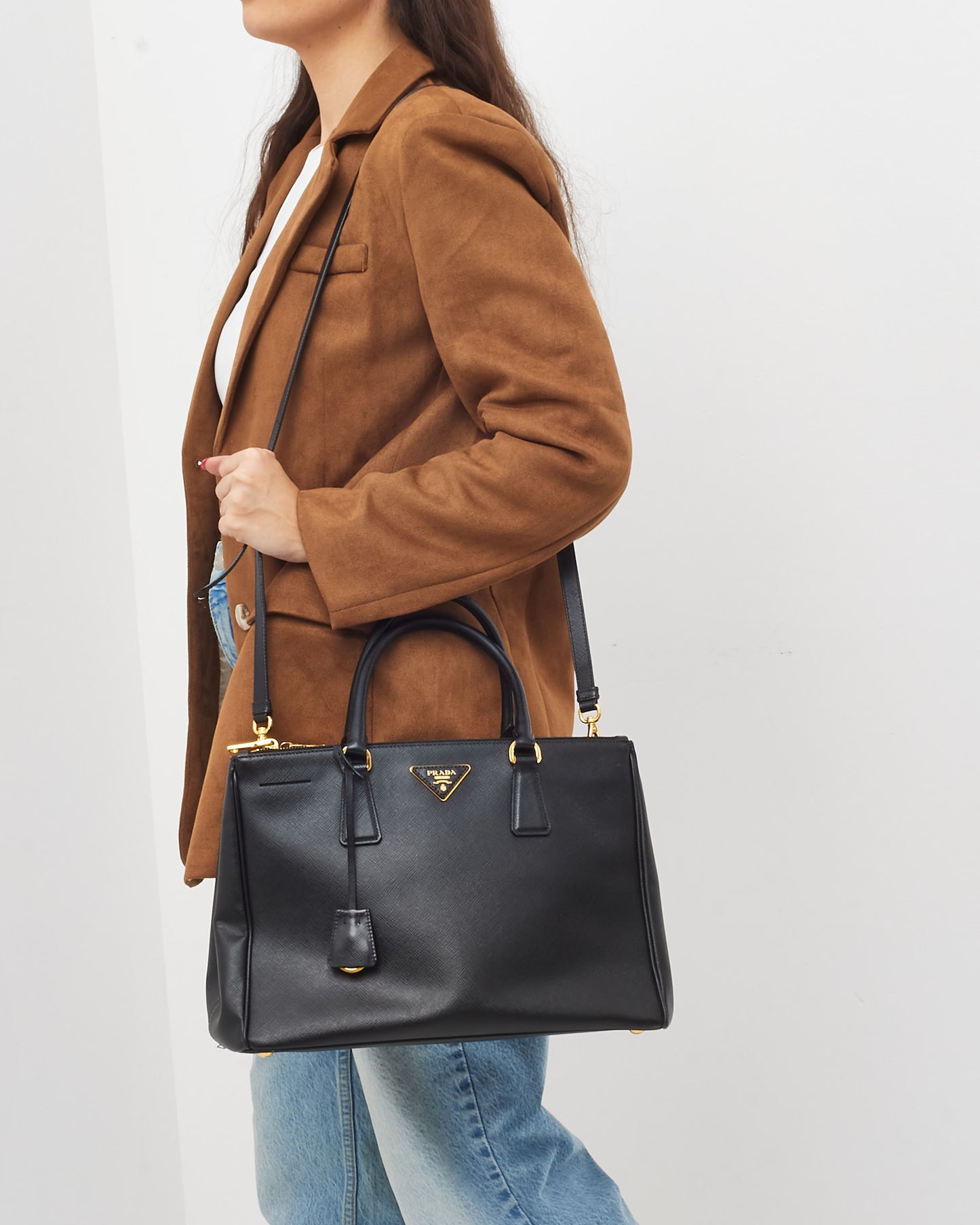 Prada Black Saffiano Lux Leather Double Zip Medium Galleria Tote