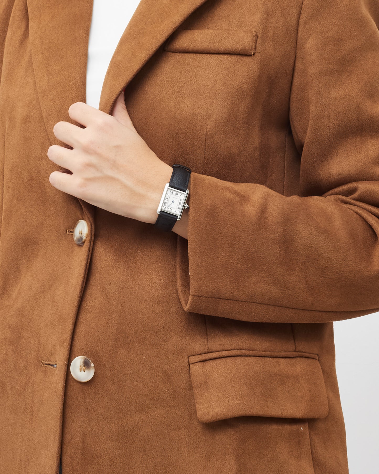 Cartier Silver Steel & Black Leather Small Model Tank Must De Cartier Watch