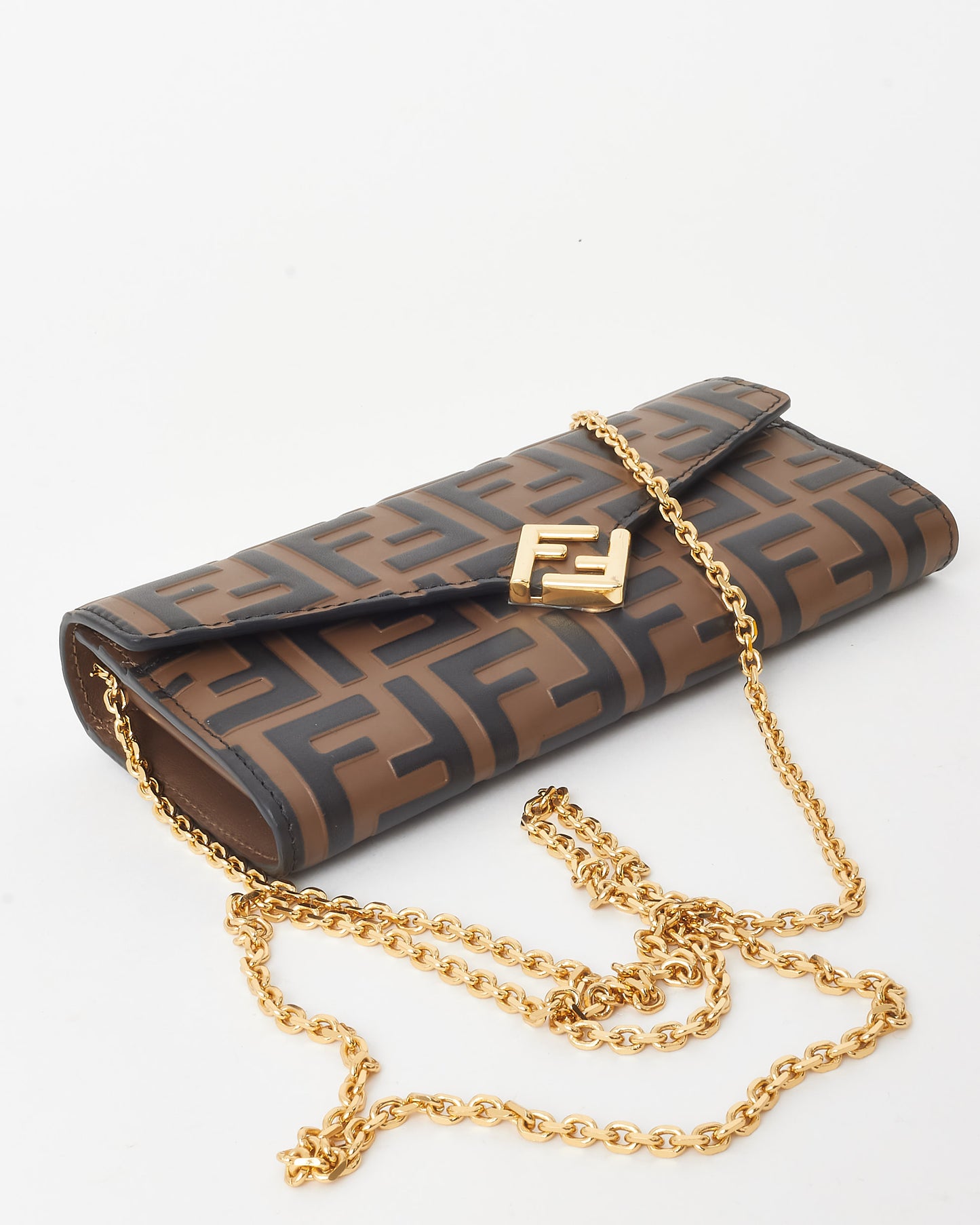 Fendi Brown and Black FF Embossed Leather Diamonds Continental Wallet with Chain Bag