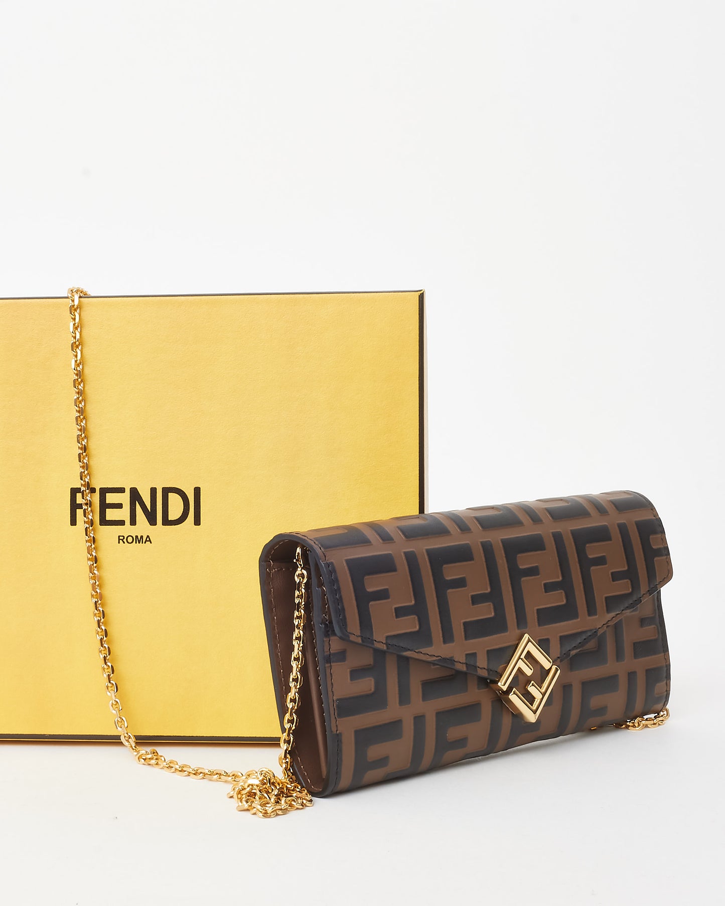 Fendi Brown and Black FF Embossed Leather Diamonds Continental Wallet with Chain Bag