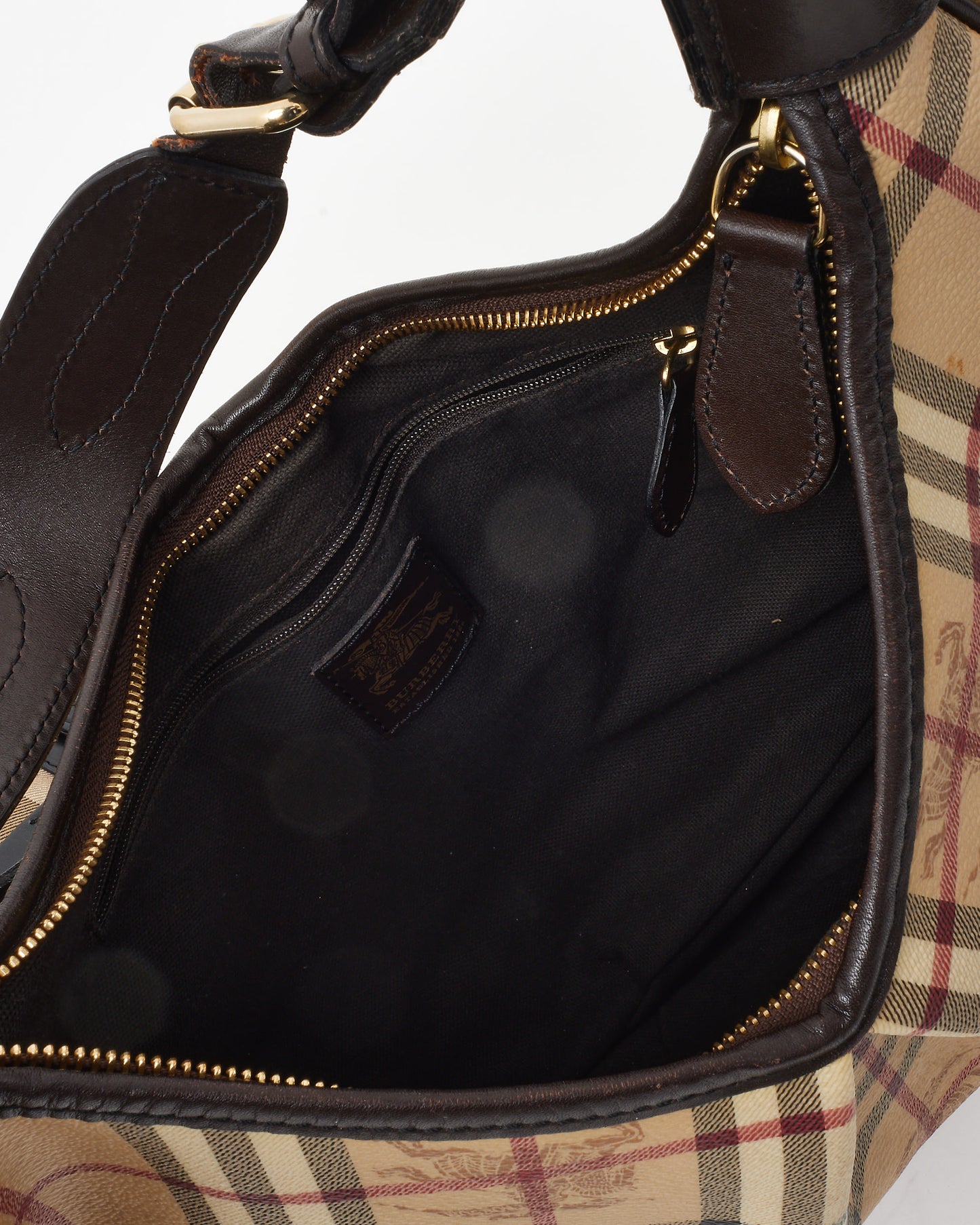 Burberry Brown Trim and Beige Haymarket Check Canvas Rydal Small Hobo Bag