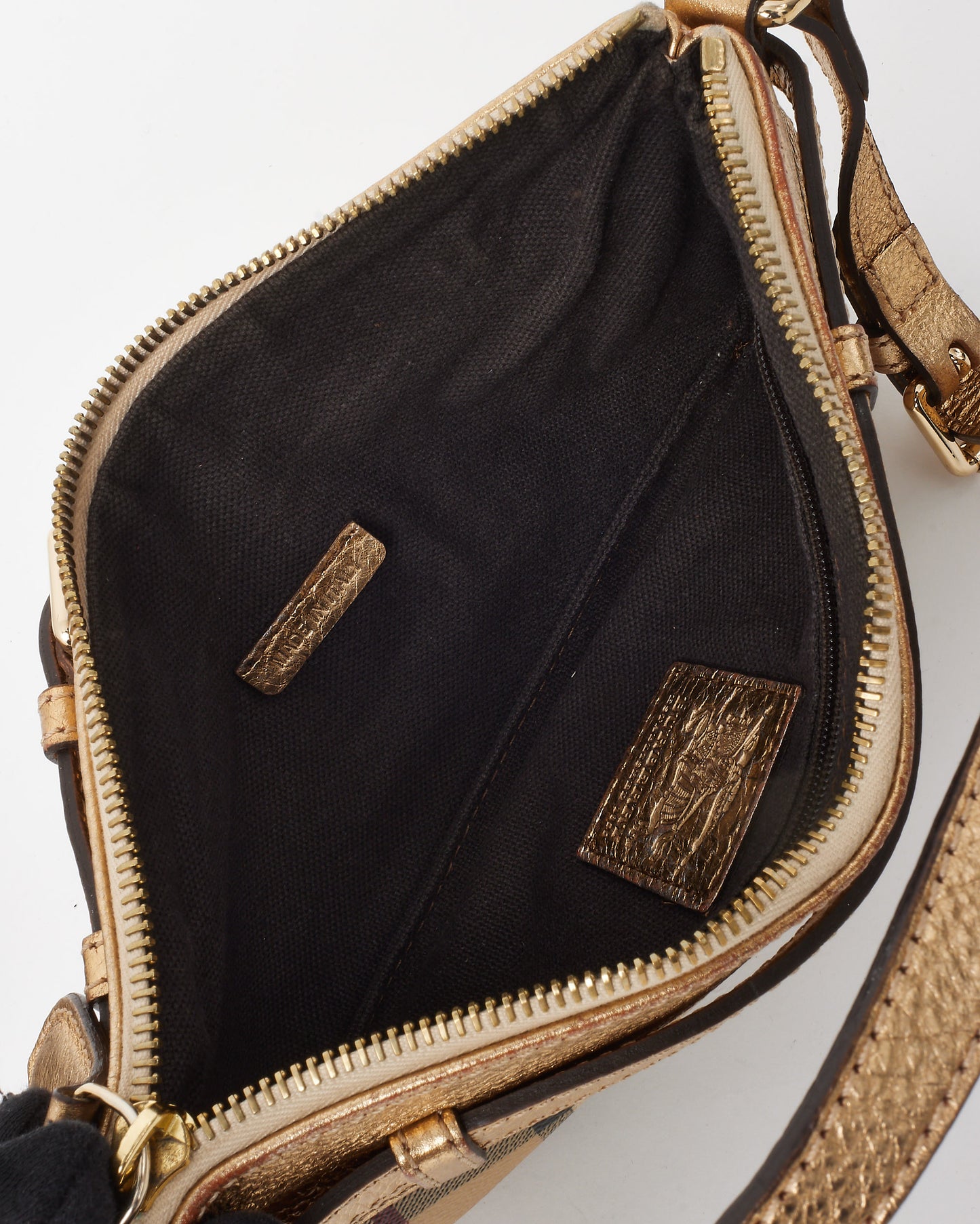 Burberry Gold Leather and Beige Haymarket Check Belted Pochette Shoulder Bag