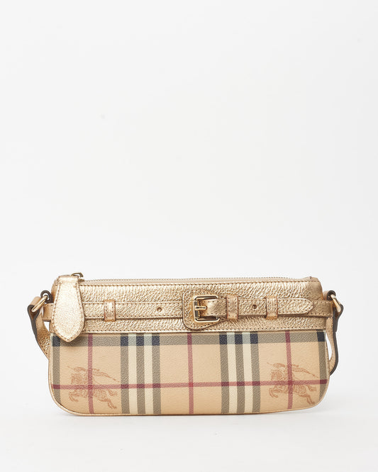Burberry Gold Leather and Beige Haymarket Check Belted Pochette Shoulder Bag