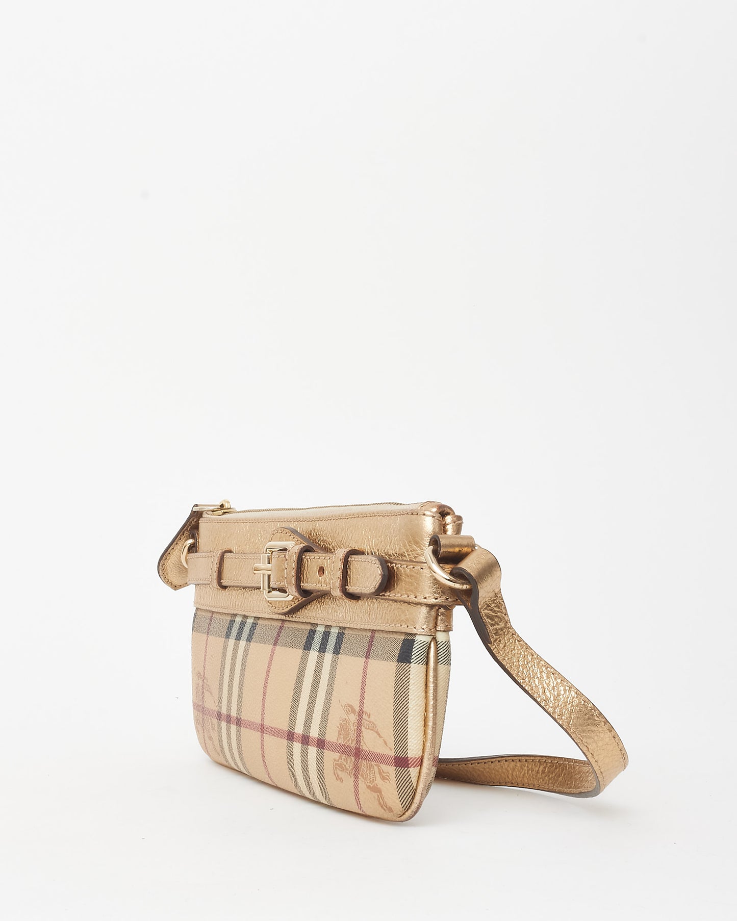 Burberry Gold Leather and Beige Haymarket Check Belted Pochette Shoulder Bag