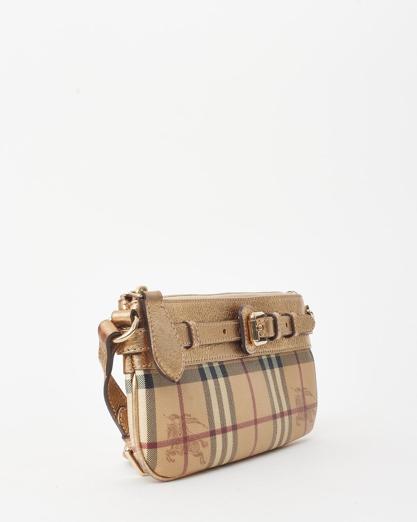 Burberry Gold Leather and Beige Haymarket Check Belted Pochette Shoulder Bag