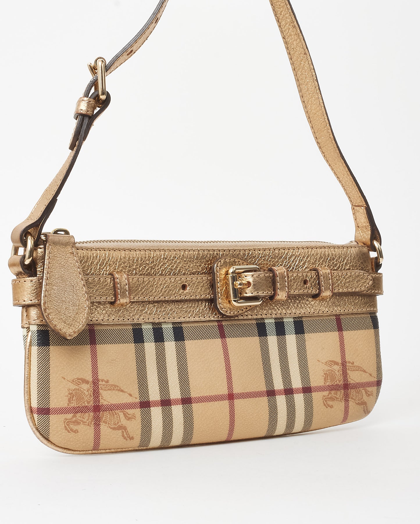 Burberry Gold Leather and Beige Haymarket Check Belted Pochette Shoulder Bag