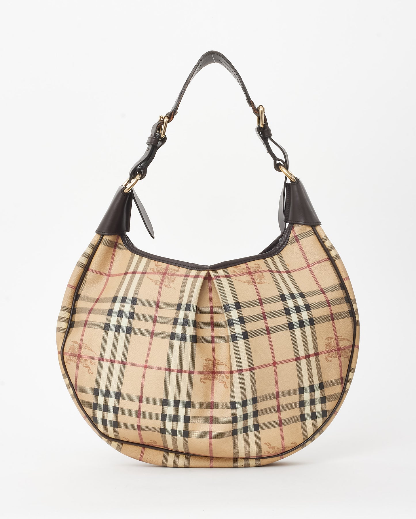 Burberry Brown Trim and Beige Haymarket Check Canvas Rydal Small Hobo Bag