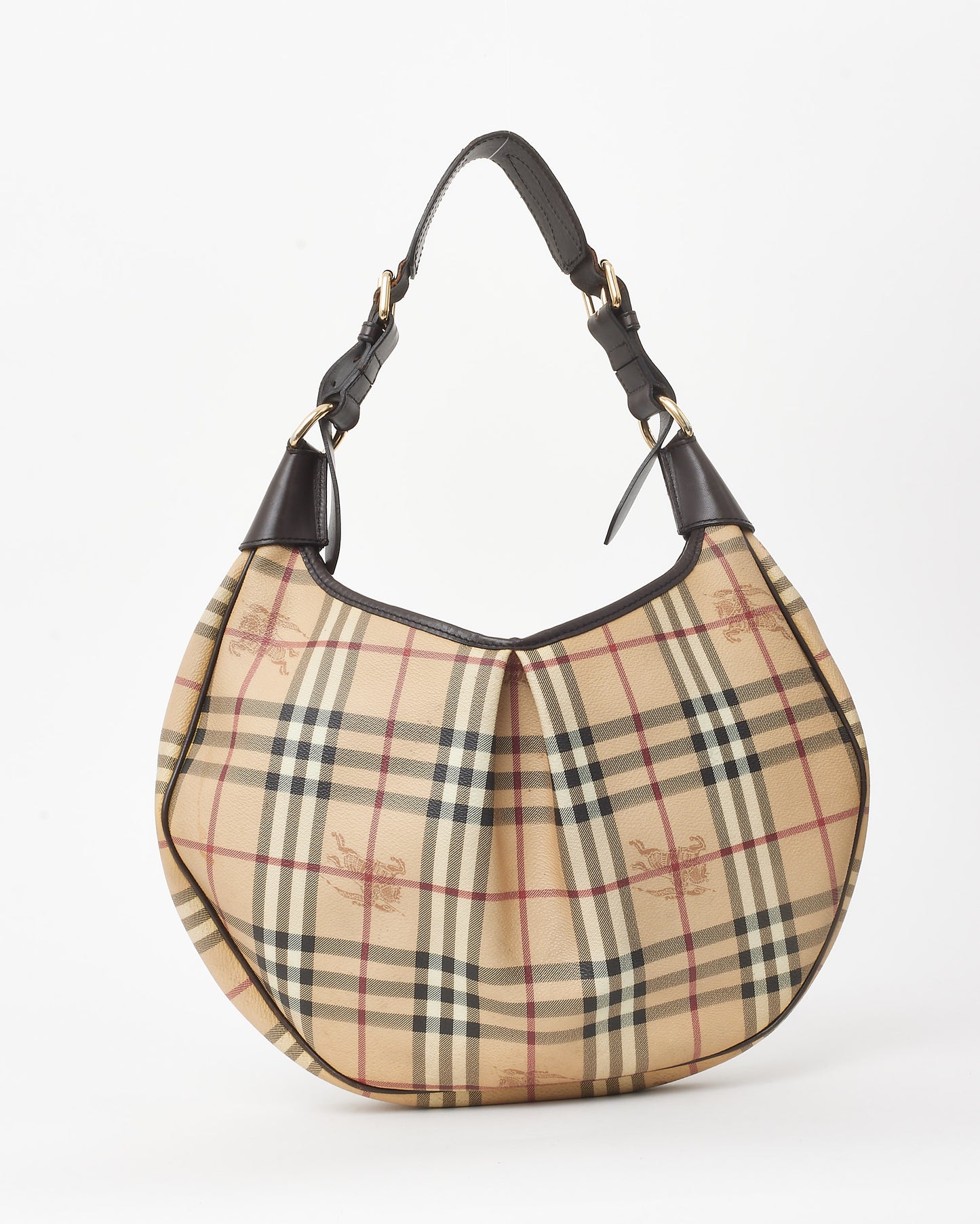 Burberry Brown Trim and Beige Haymarket Check Canvas Rydal Small Hobo Bag