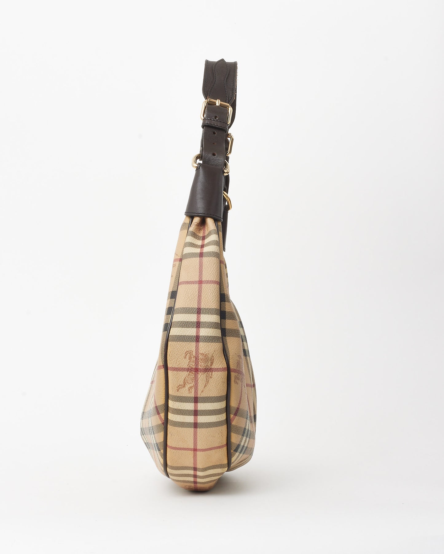 Burberry Brown Trim and Beige Haymarket Check Canvas Rydal Small Hobo Bag