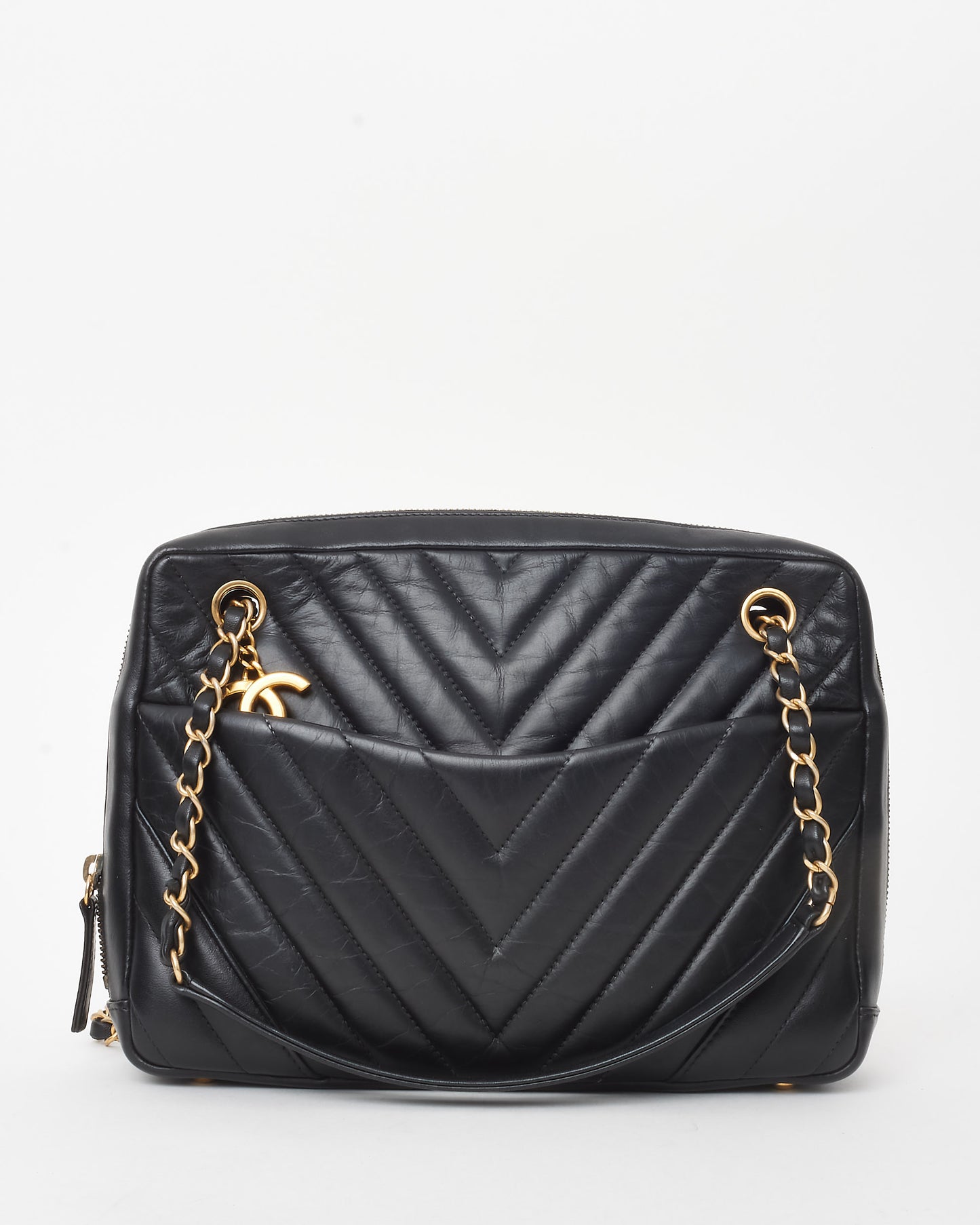 Chanel Black Chevron Quilted Calfskin Leather Camera Shoulder Bag