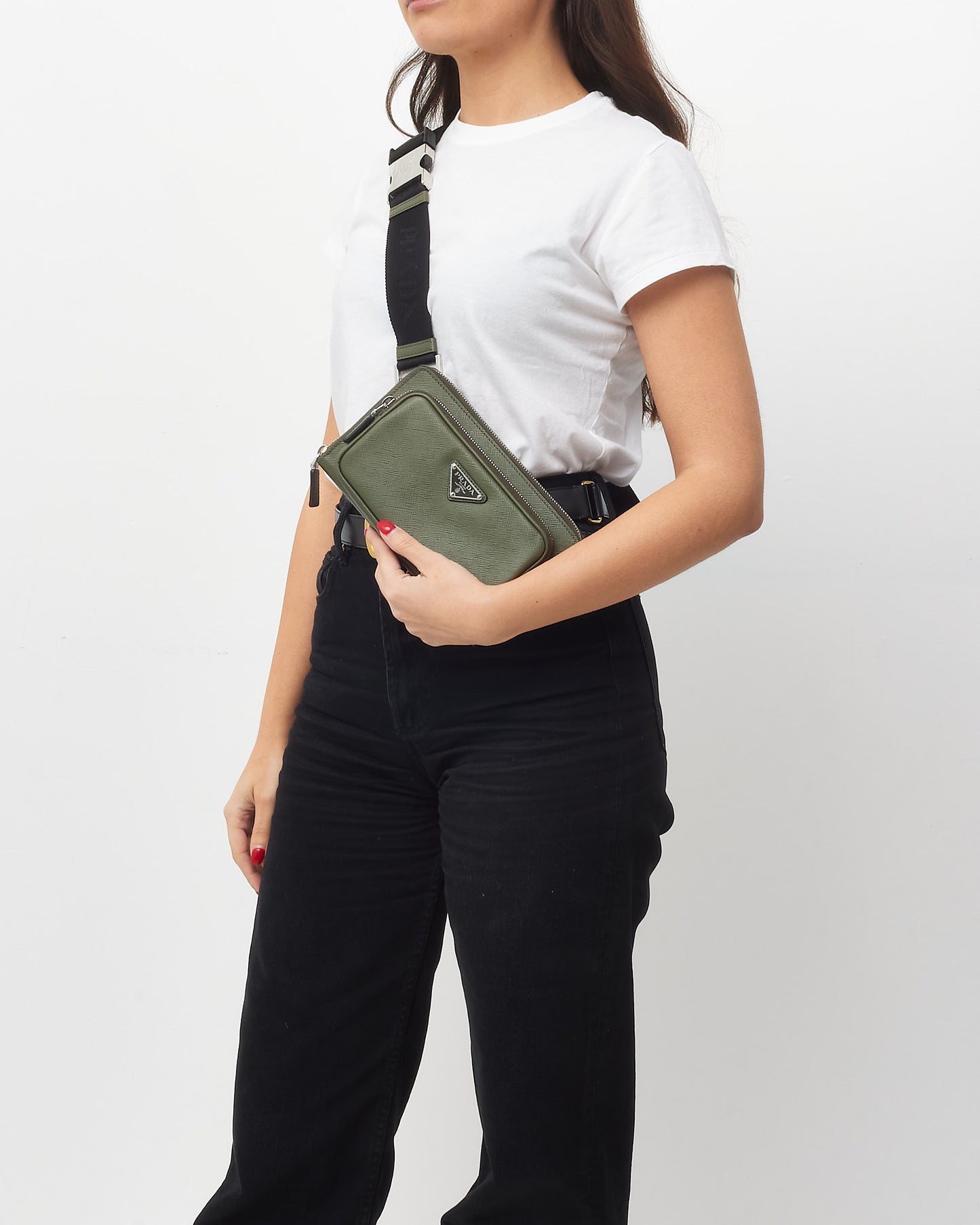 Prada Khaki Green Saffiano Leather Logo Belt Bag