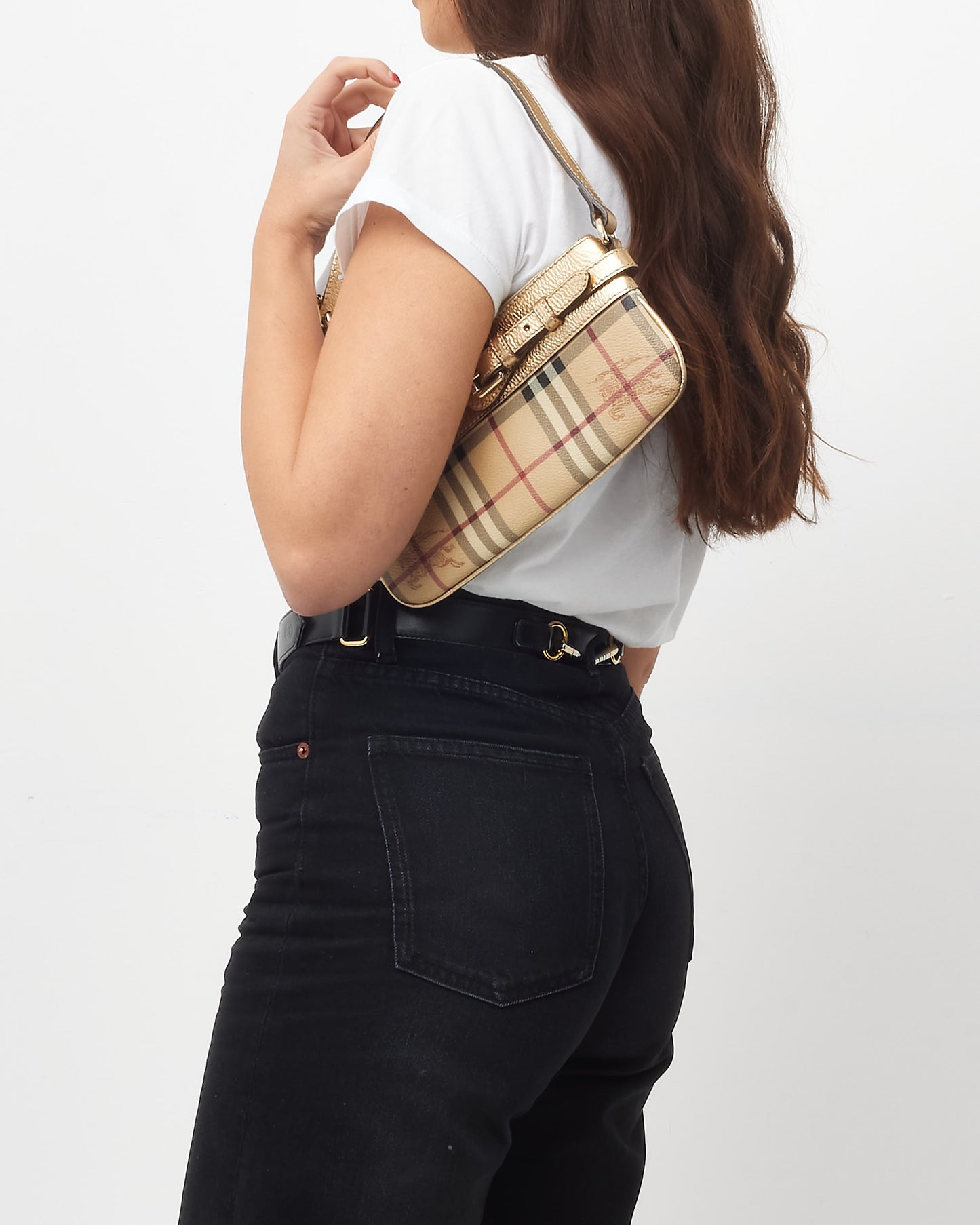 Burberry Gold Leather and Beige Haymarket Check Belted Pochette Shoulder Bag