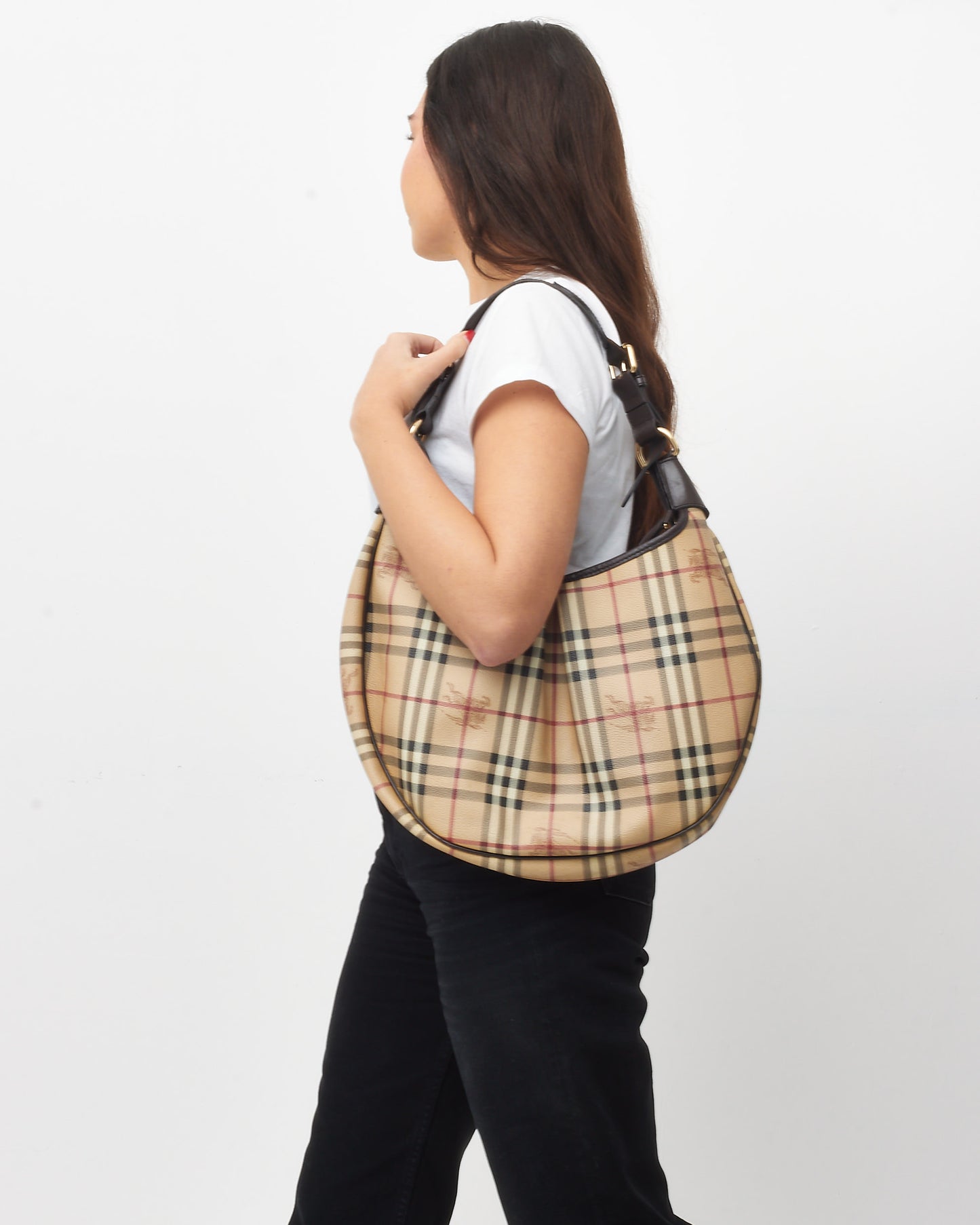 Burberry Brown Trim and Beige Haymarket Check Canvas Rydal Small Hobo Bag