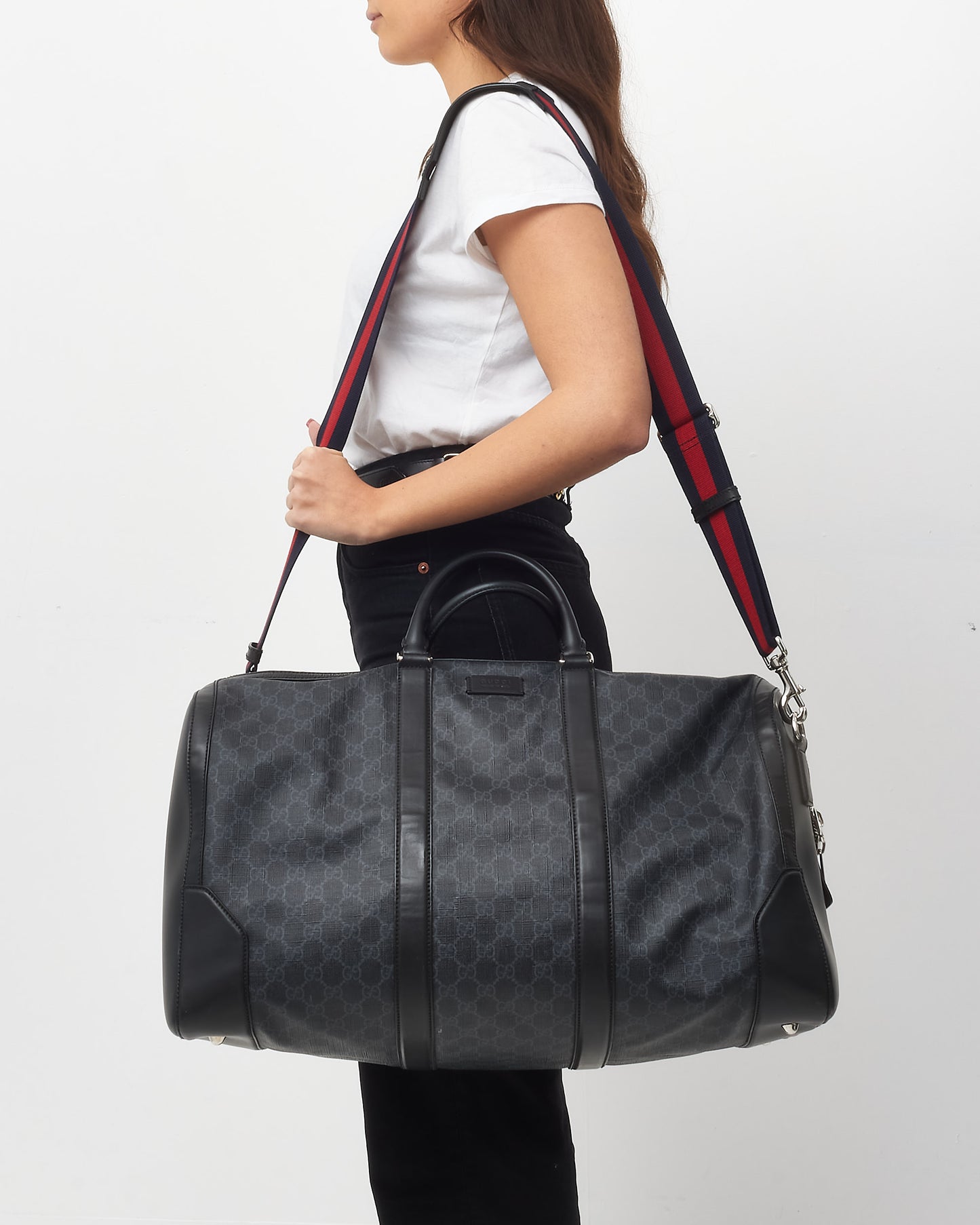 Gucci Black Monogram GG Supreme Canvas with Leather GG Duffle Bag