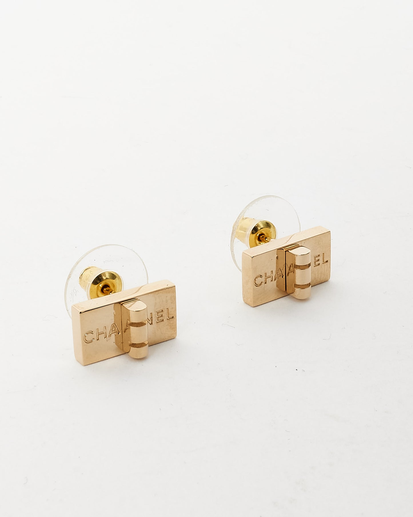 Chanel Gold Metal Reissue Clasp & Logo Earrings