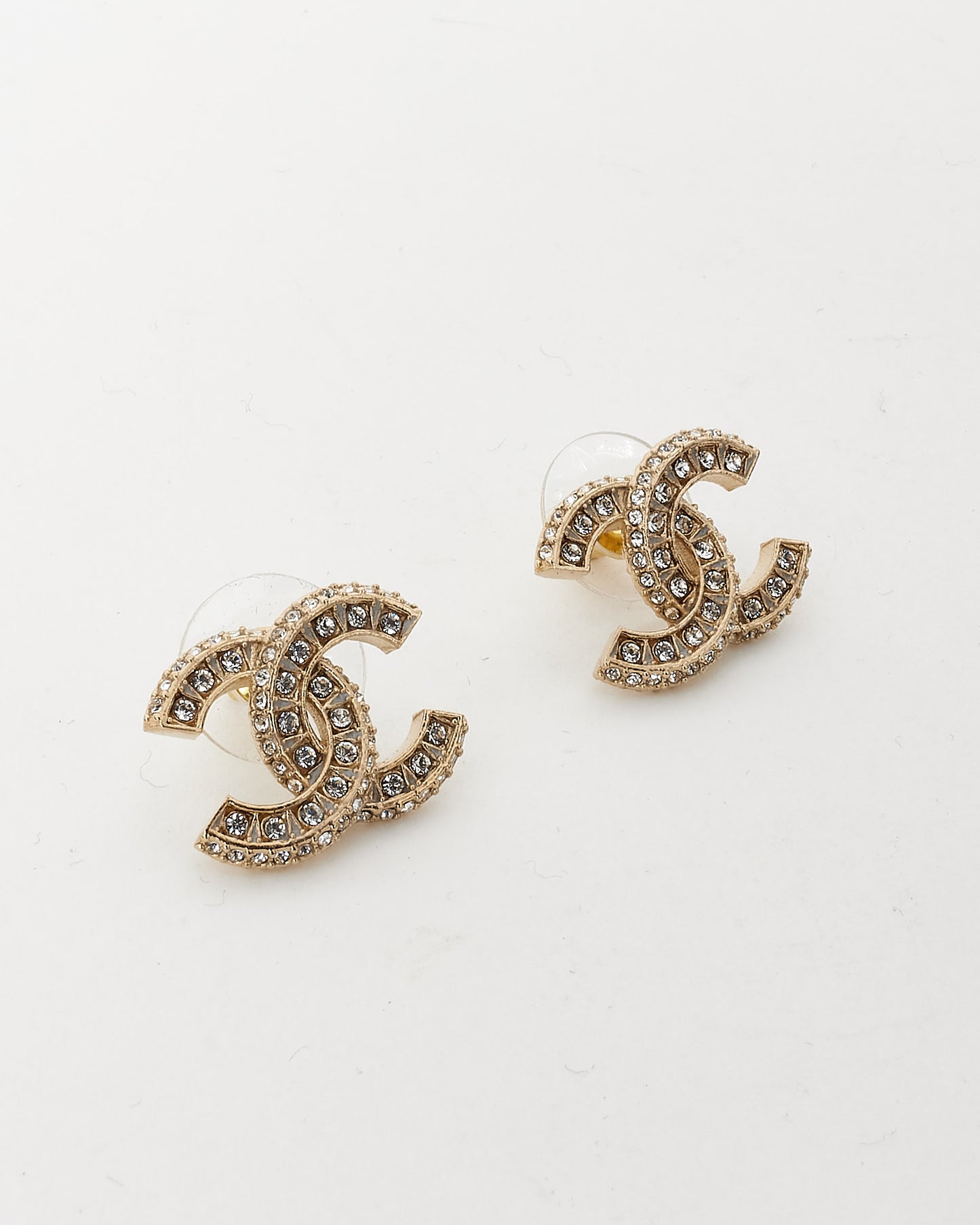 Chanel Gold Brushed & Crystal Strass CC Logo Large Stud Earrings