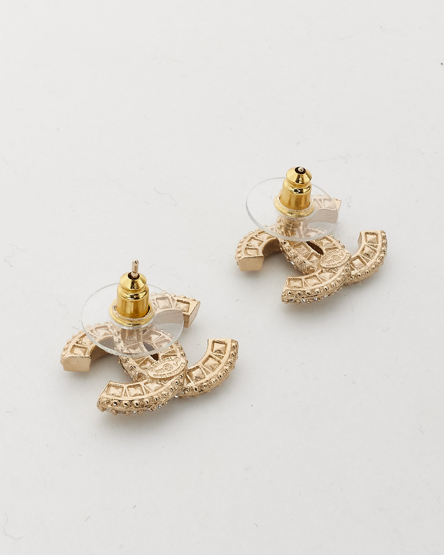 Chanel Gold Brushed & Crystal Strass CC Logo Large Stud Earrings